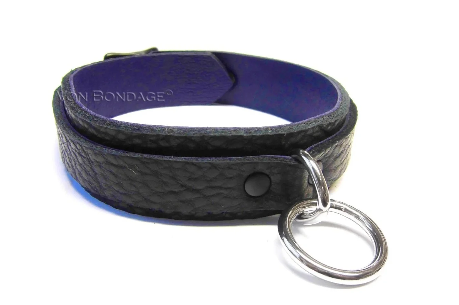 Black Leather with purple Lambskin lining slave collar with small stainless steel bondage ring