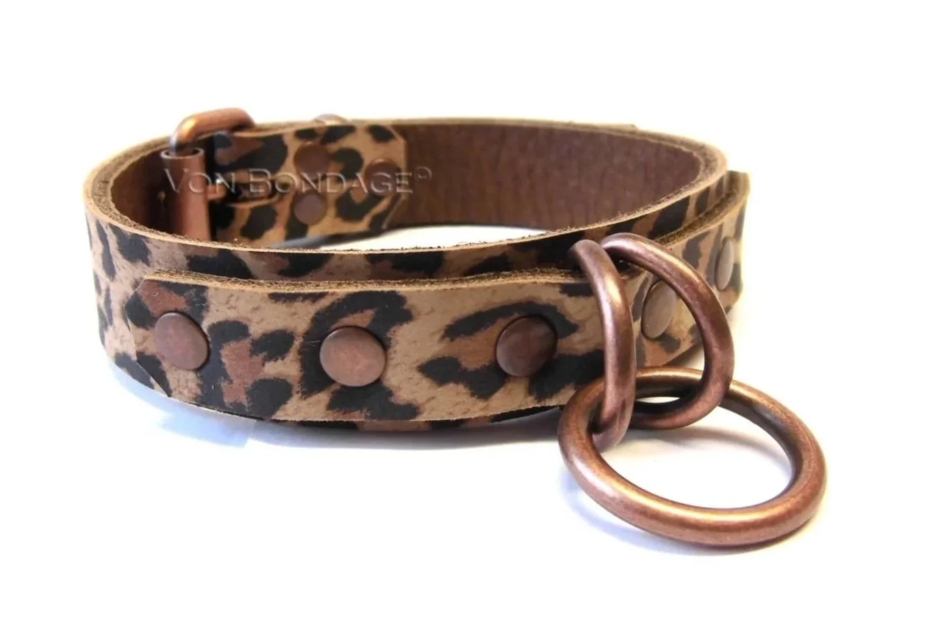 Leopard Leather BDSM Collar with 2 copper d-rings and O-ring