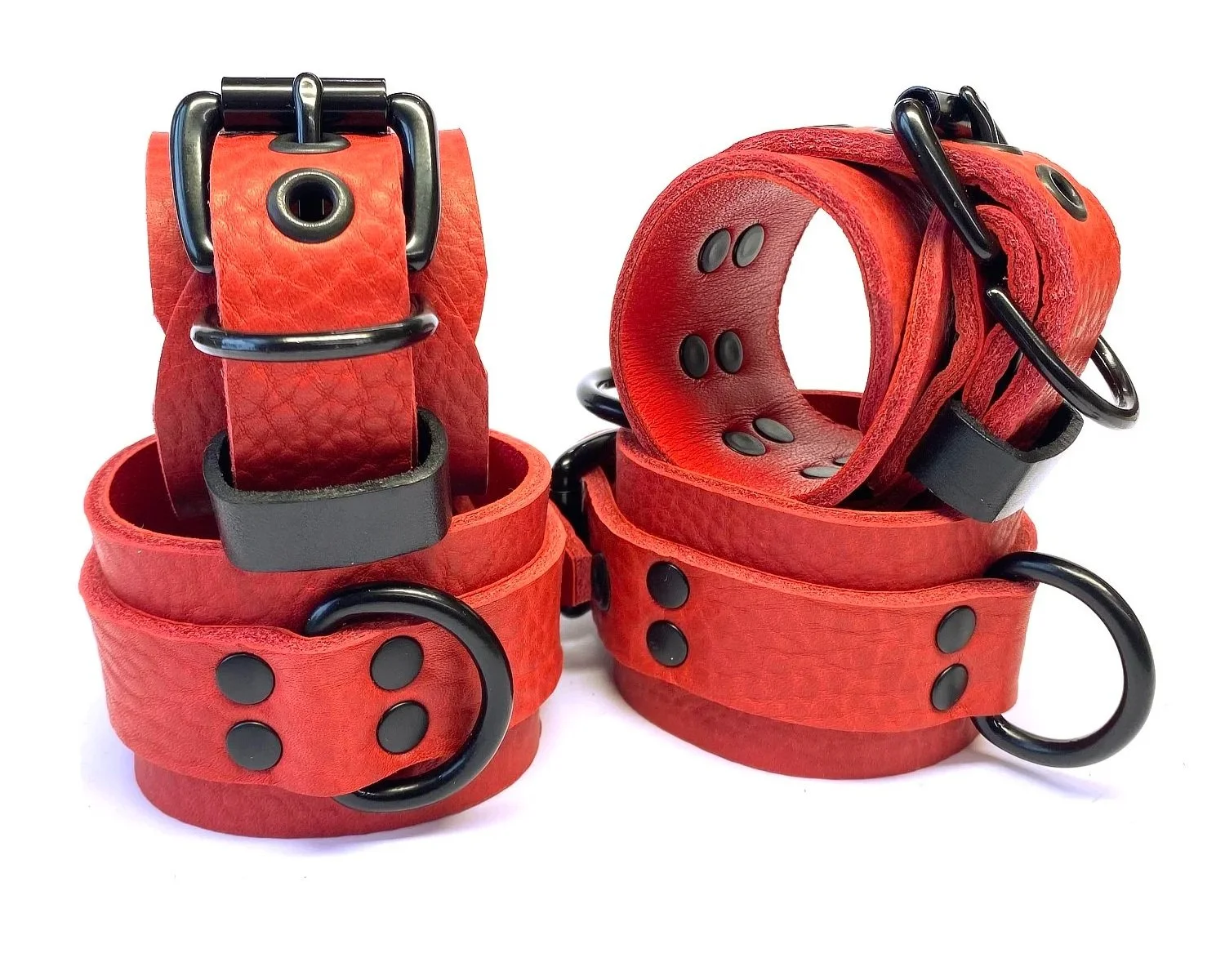 Red Bullhide Leather Wrist & Ankle Restraints Set lined in Red Lambskin with black D-rings