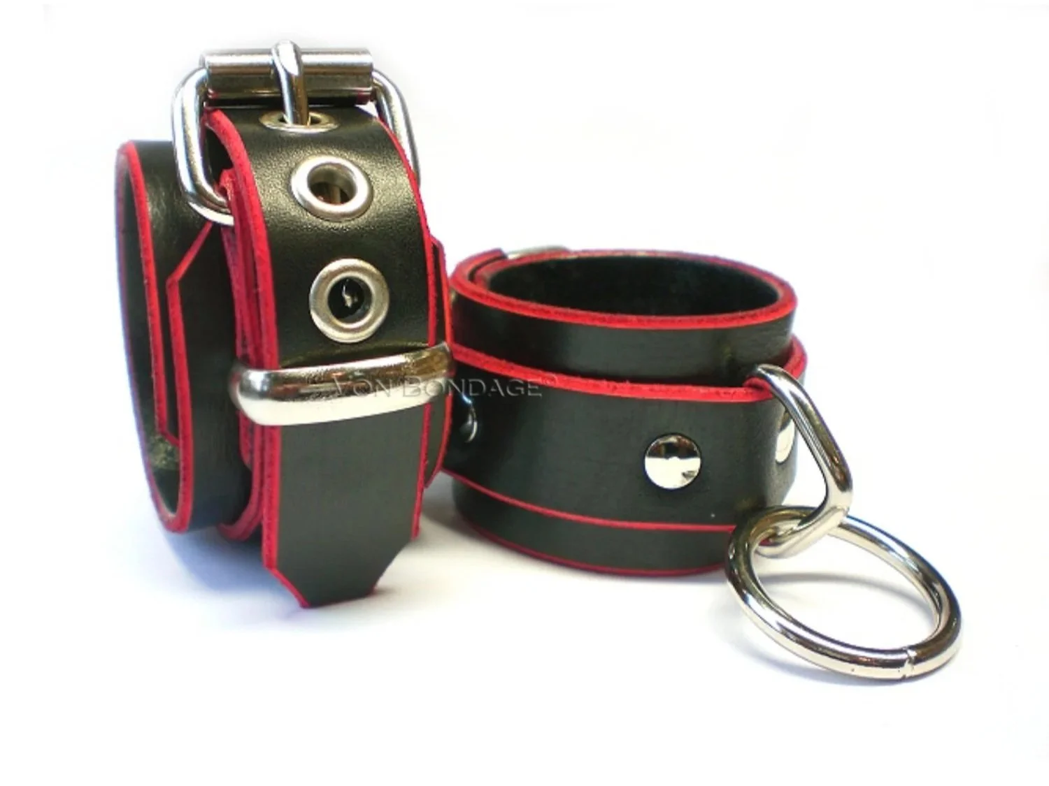 Black Leather Bondage Restraints with Large O-ring and red edges