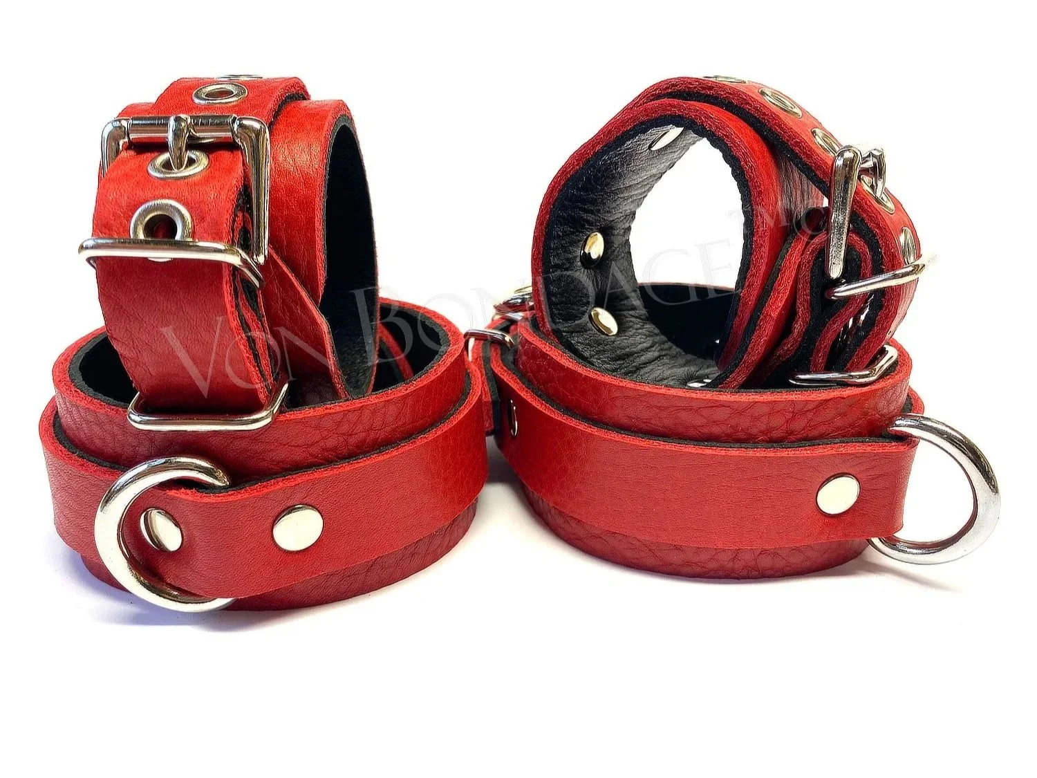 Restraints Set for Wrists & Ankles in Red Leather