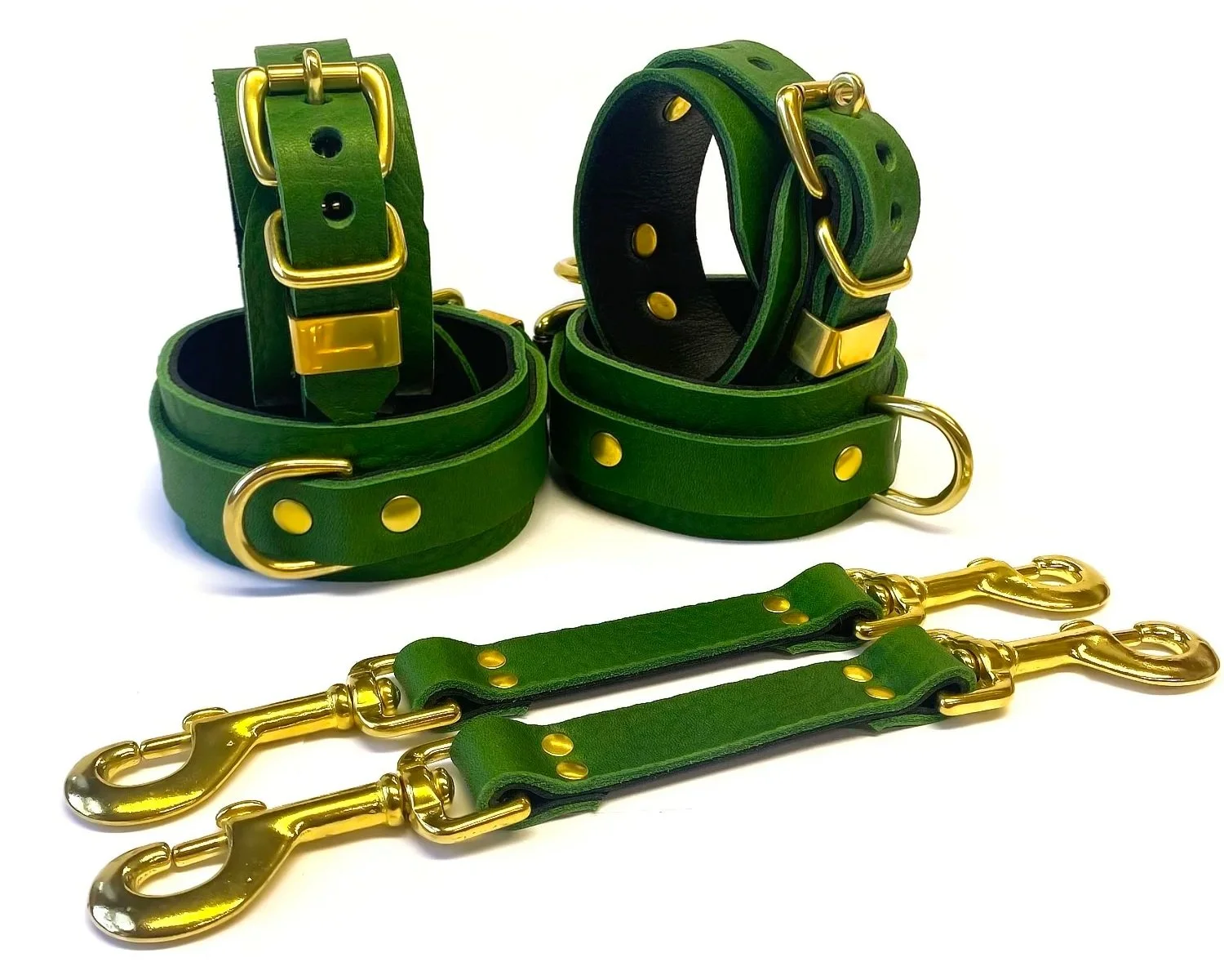 Green Leather BDSM Restraints Set with Pair of Hogtie Straps in brass