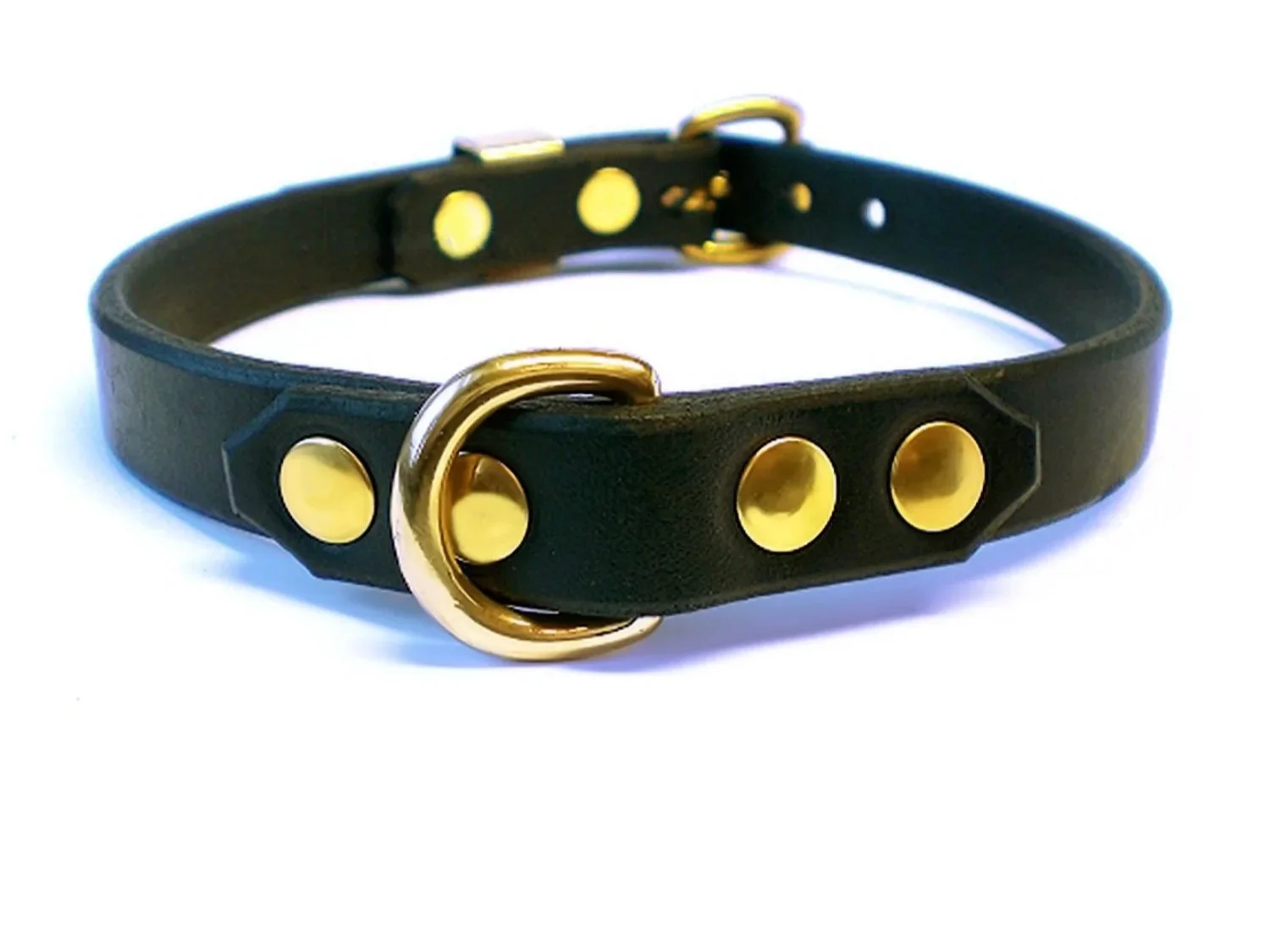 black leather submissive collar with small brass d-ring
