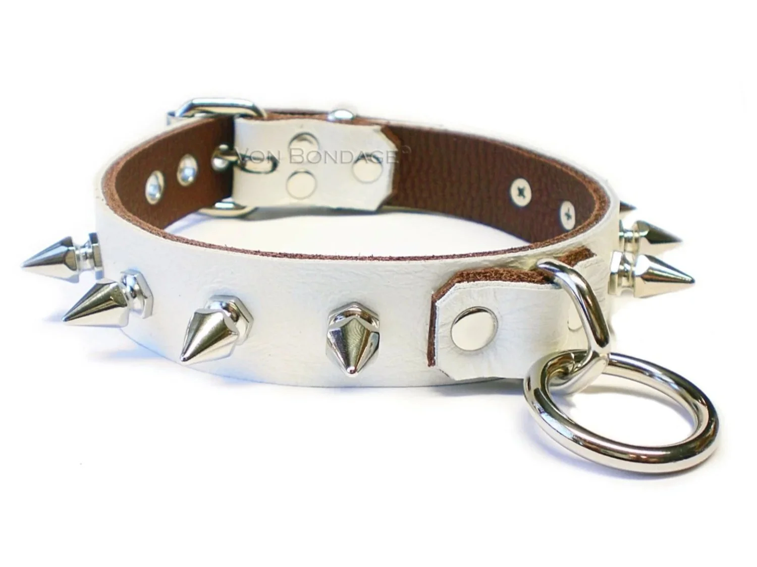 Ivory White Spiked Leather Kink Collar with Bondage Ring