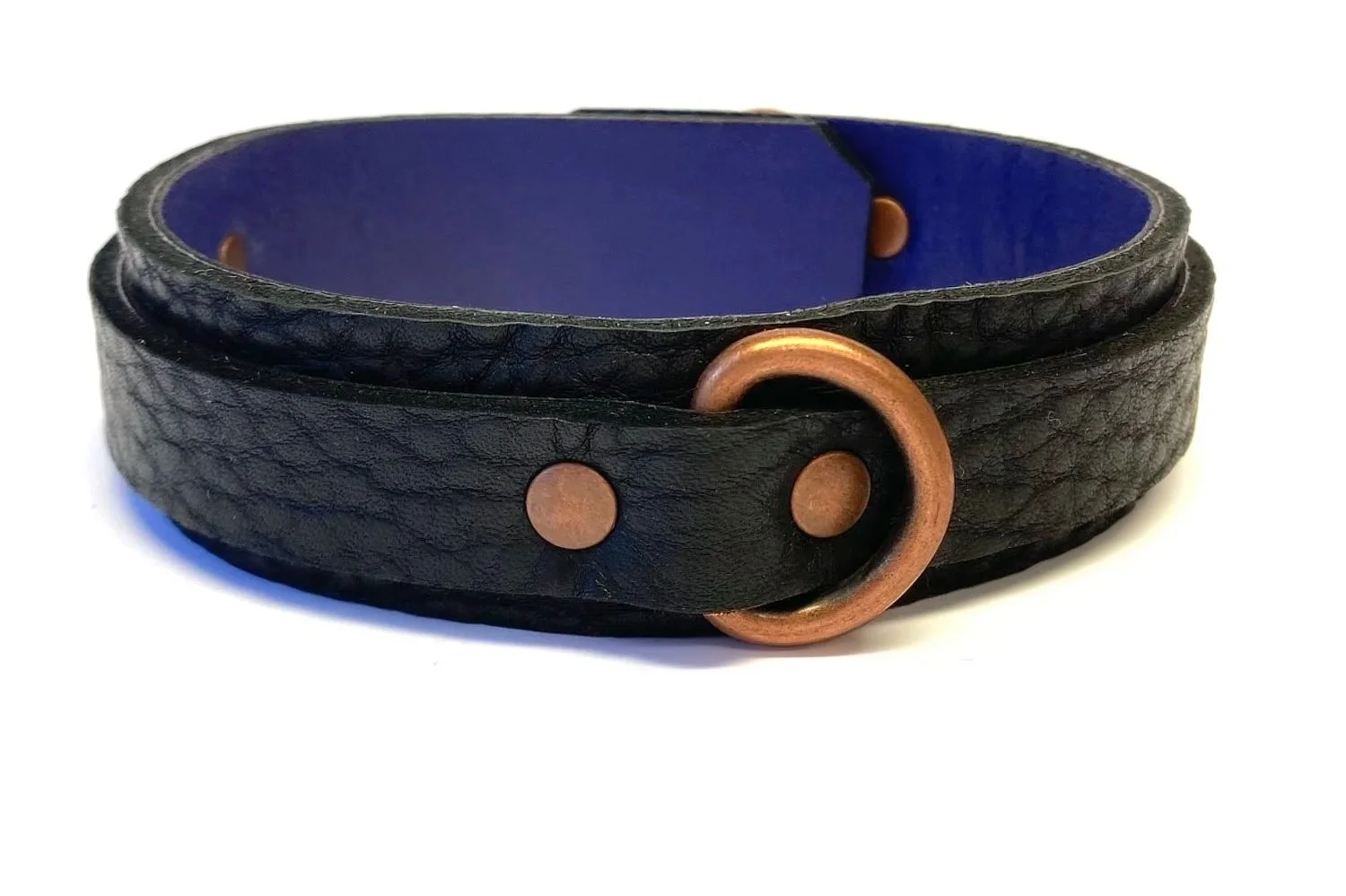 Black Bullhide Purple Lambskin Bondage Collar with Copper D-ring
