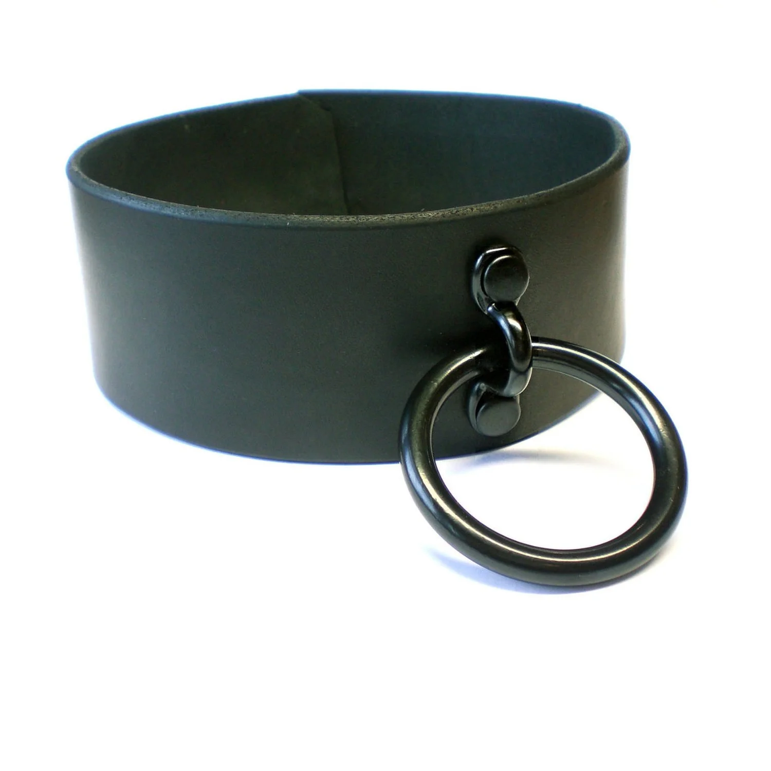 Black Leather Tall Bondage Collar with Large Black Ring