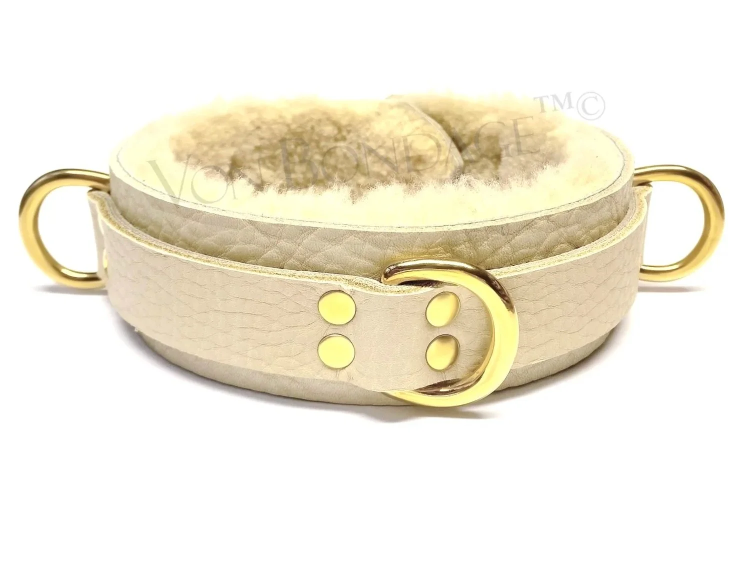 cream bullhide bdsm collar cream fur with 3 brass dee rings