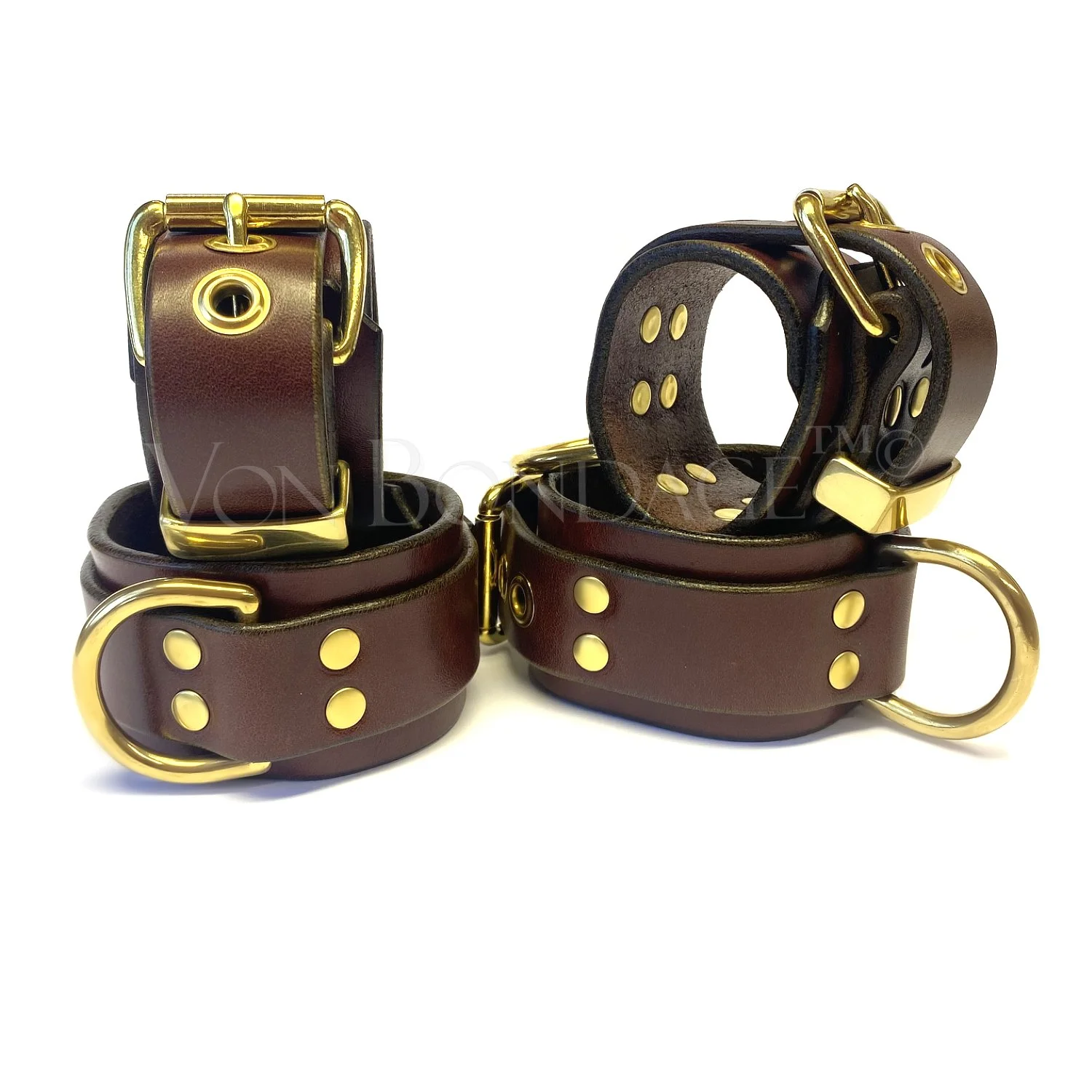 Brown Leather Bondage Restraints Set in Solid Brass
