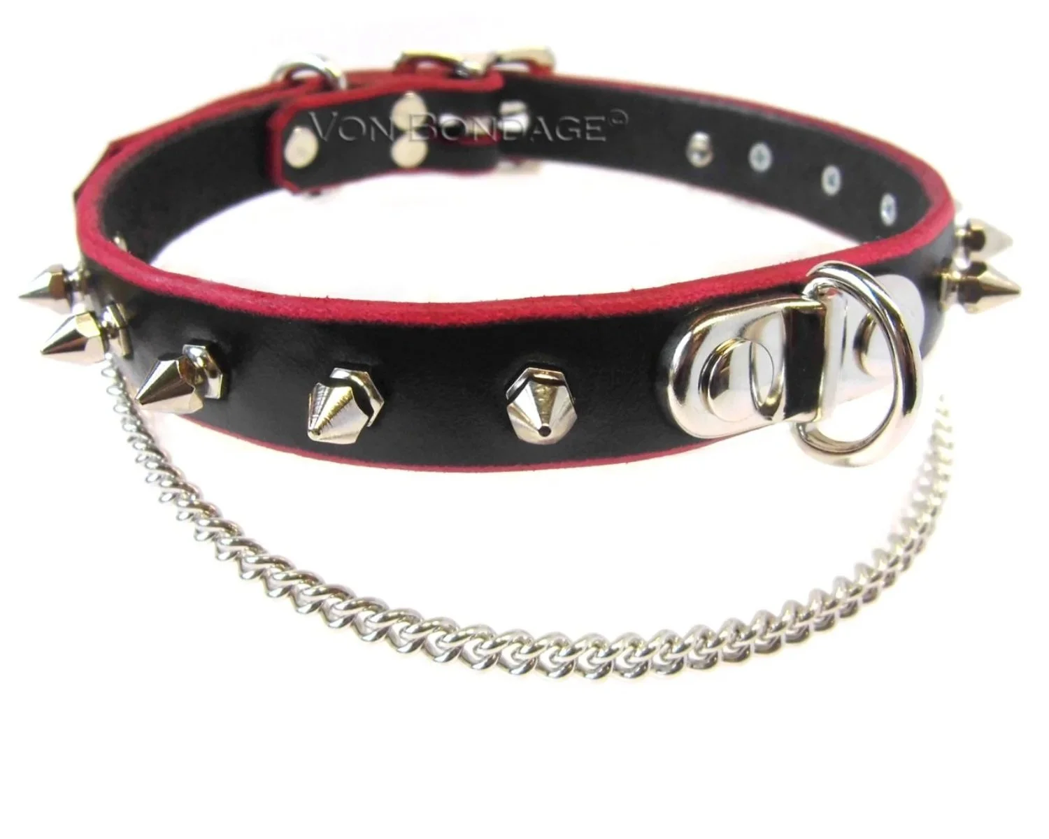 black leather spiked collar with red edges and chain