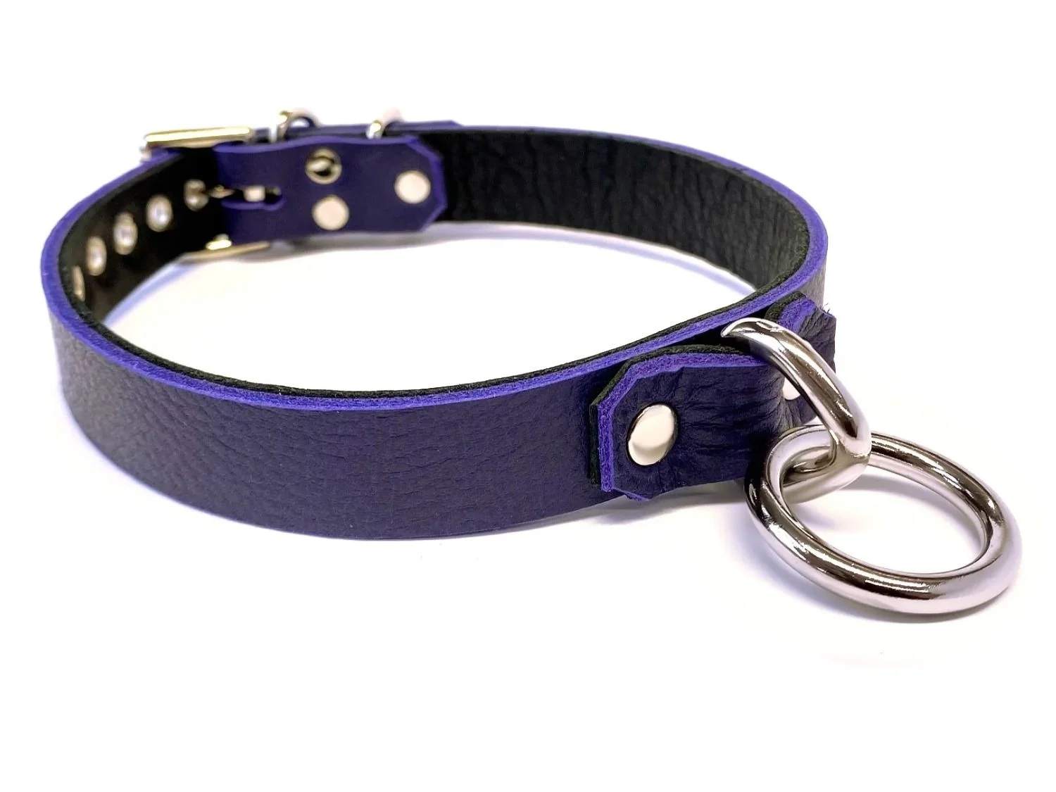 Indigo Leather BDSM Collar with Bondage Ring