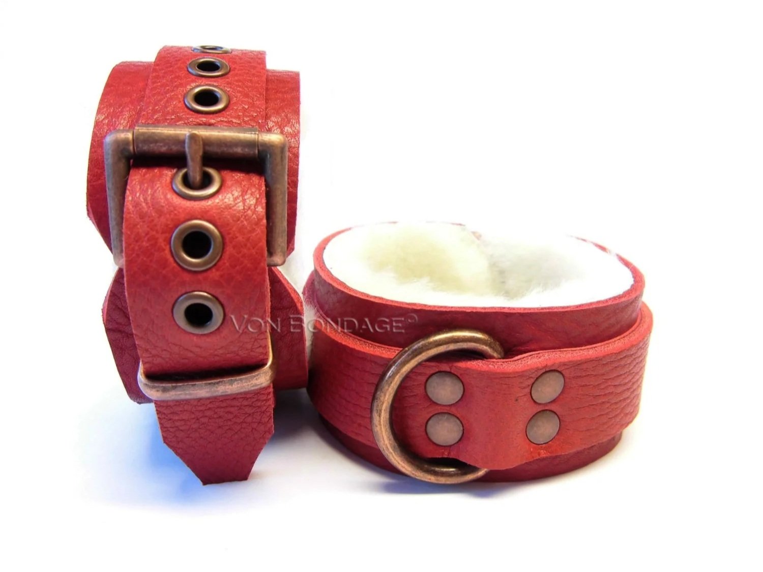 Red BDSM Restraints in Soft White Sheepskin with Copper D-rings