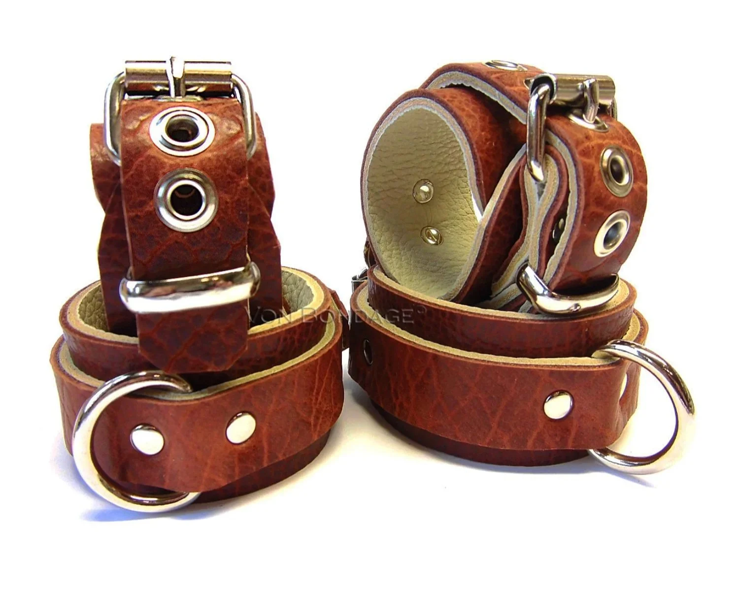 Brown Bison & Cream Leather Wrist & Ankle Bondage Cuffs Set