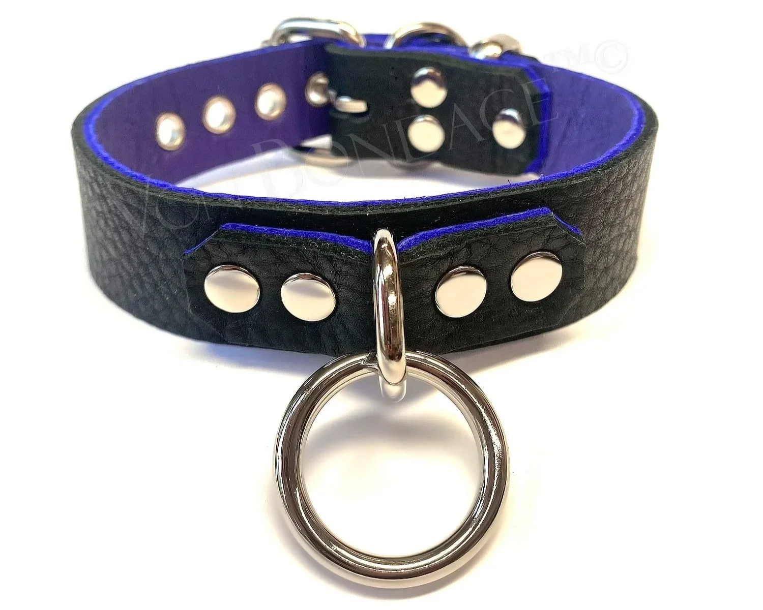 Black & Purple Leather BDSM Collar with small bondage ring