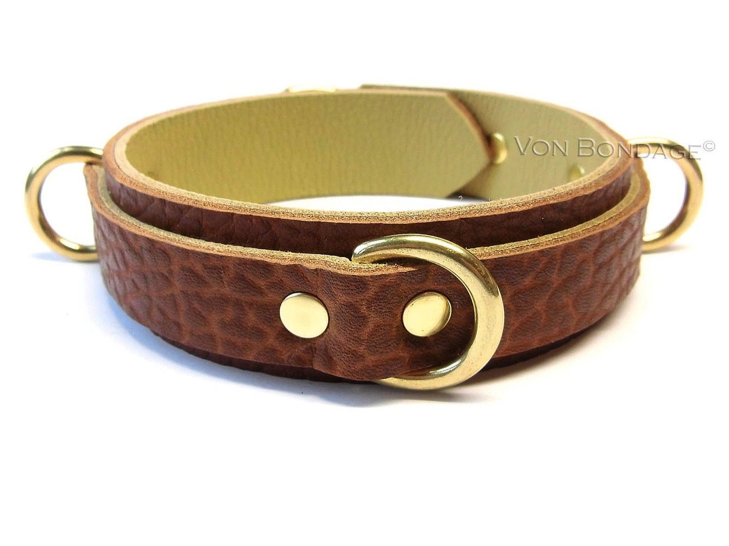 Narrow slave Collar with Triple 3/4" Brass Dee Rings in brown bullhide leather