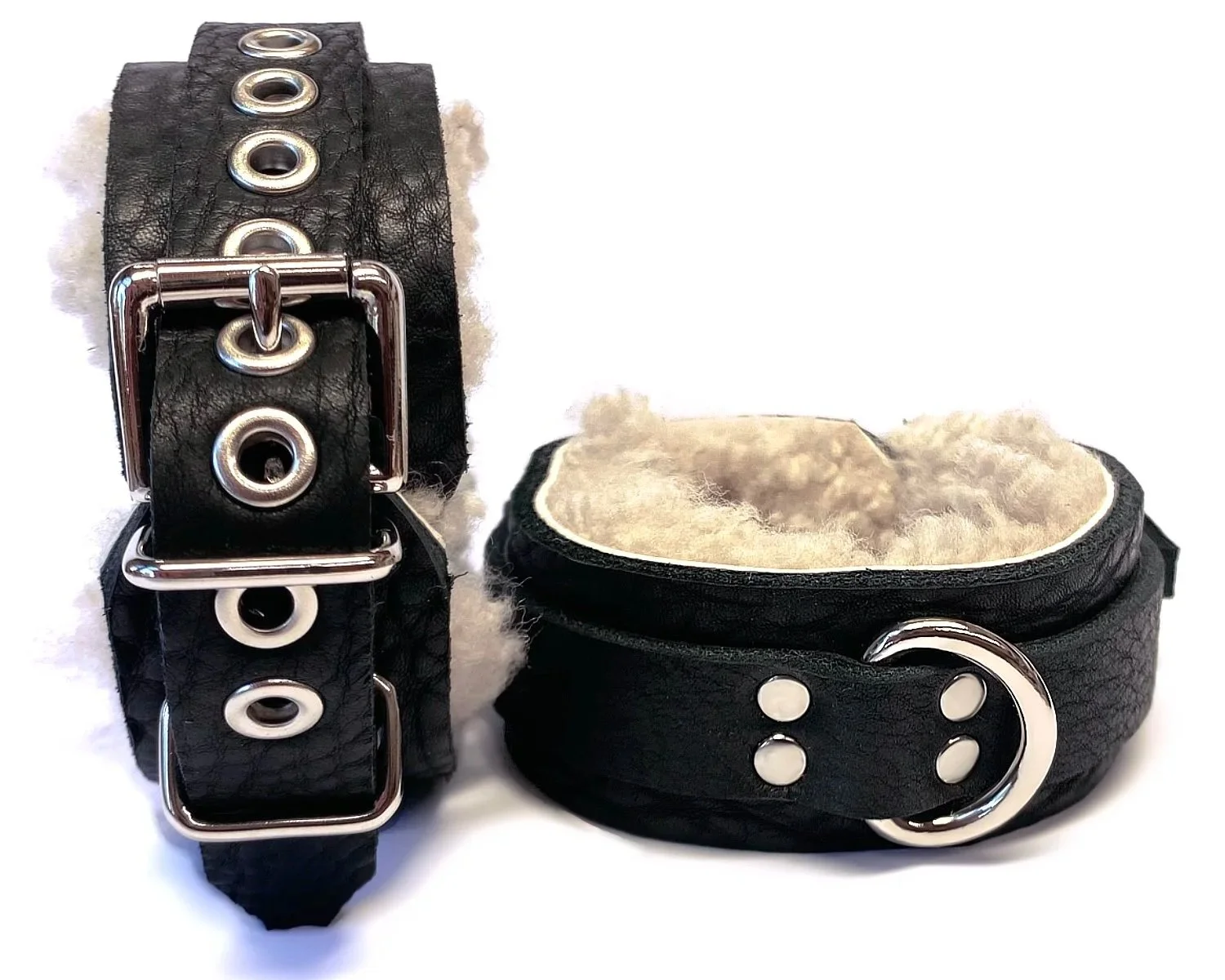 Black Bullhide Leather with Curly Sheepskin Fur Restraints