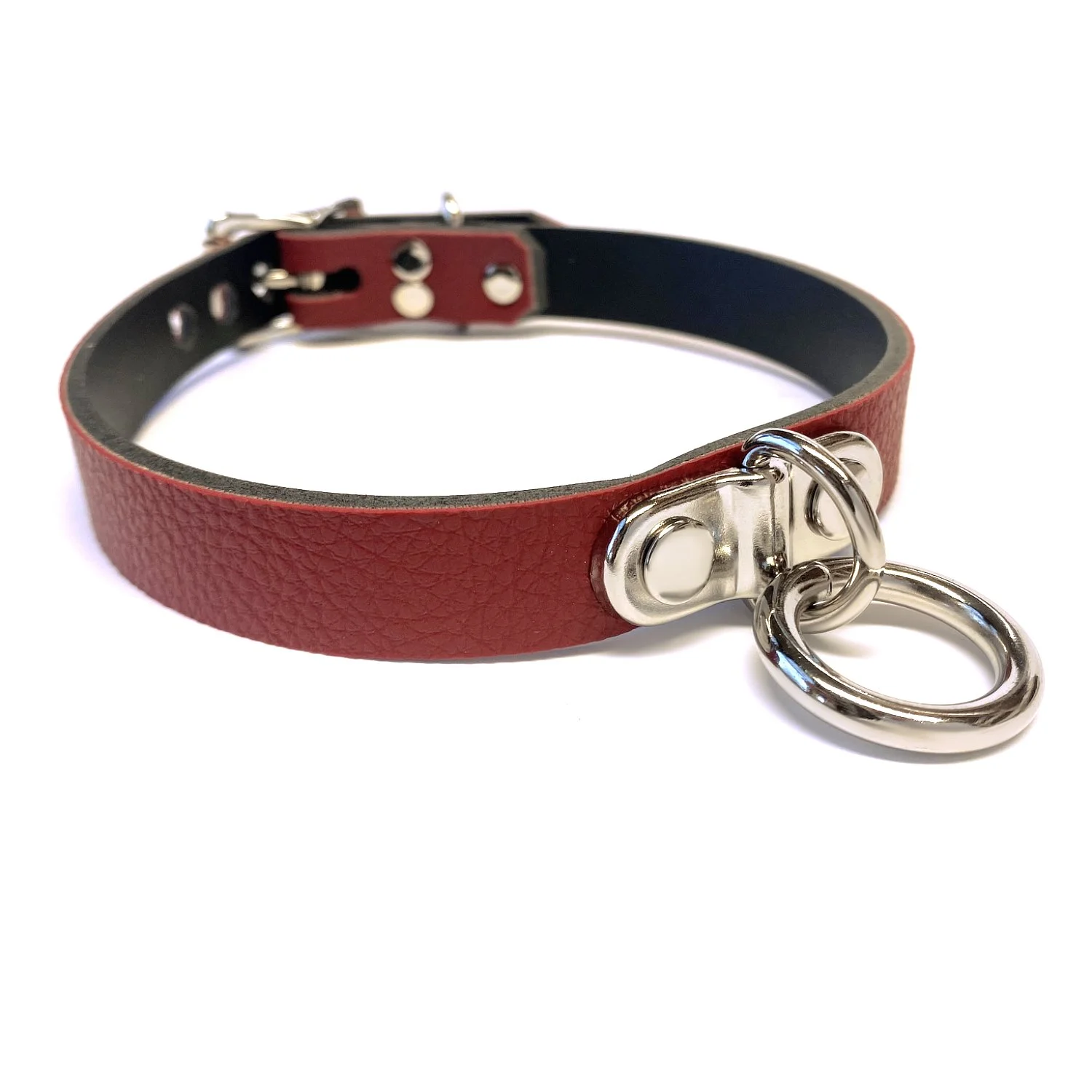 oxblood faux leather day collar for vegan submissive with plated D&amp;O ring