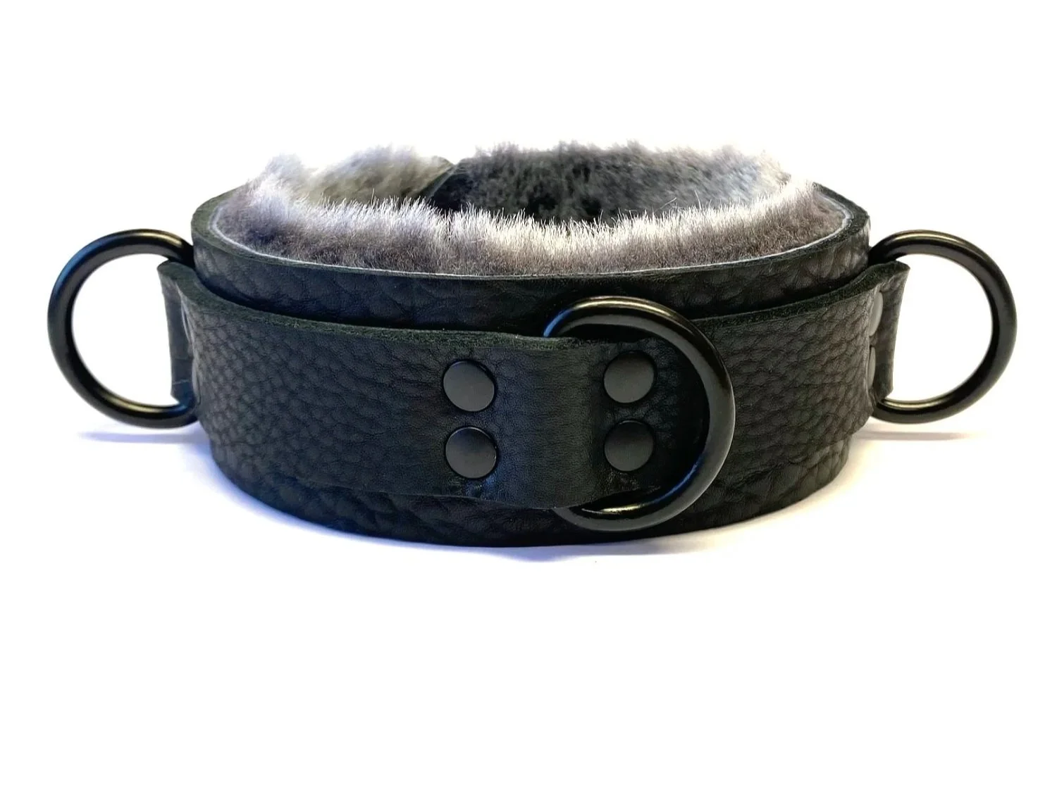 Black Leather Bondage Collar lined in Gray Sheepskin Fur with 3 Black D-rings
