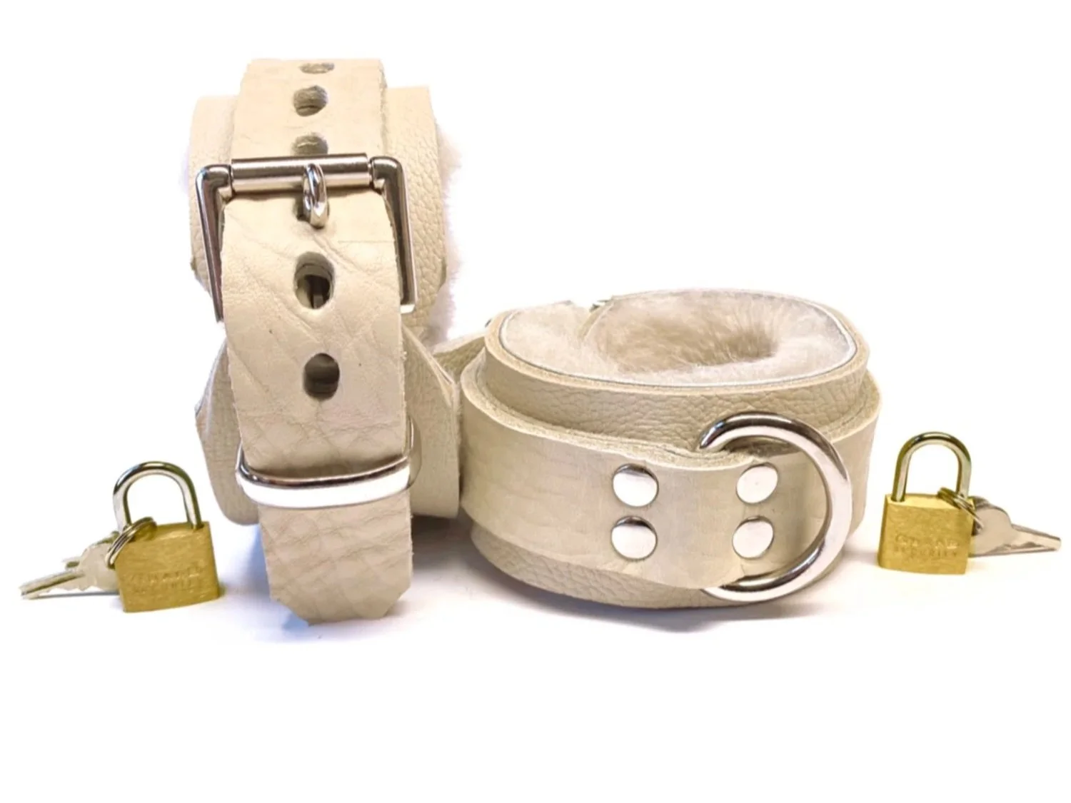 Furry Cream Leather BDSM Cuffs lined in Cream Sheepskin Fur