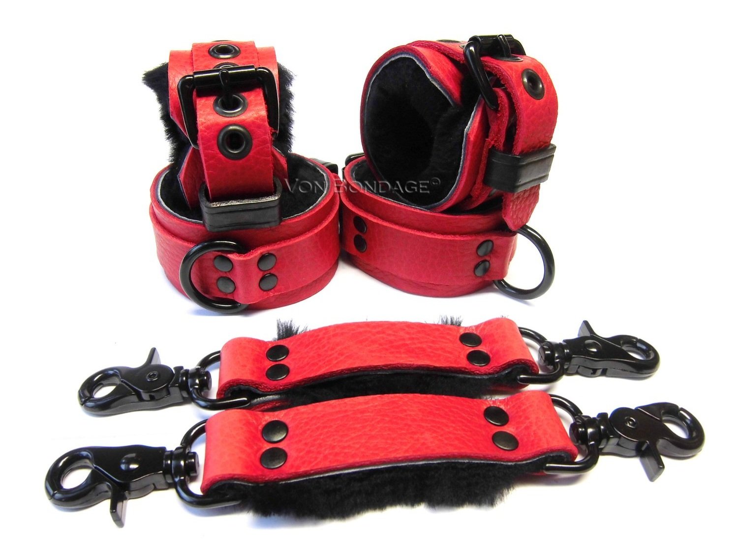 red & black Sheepskin BDSM Restraints Set with Black D-rings & Straps