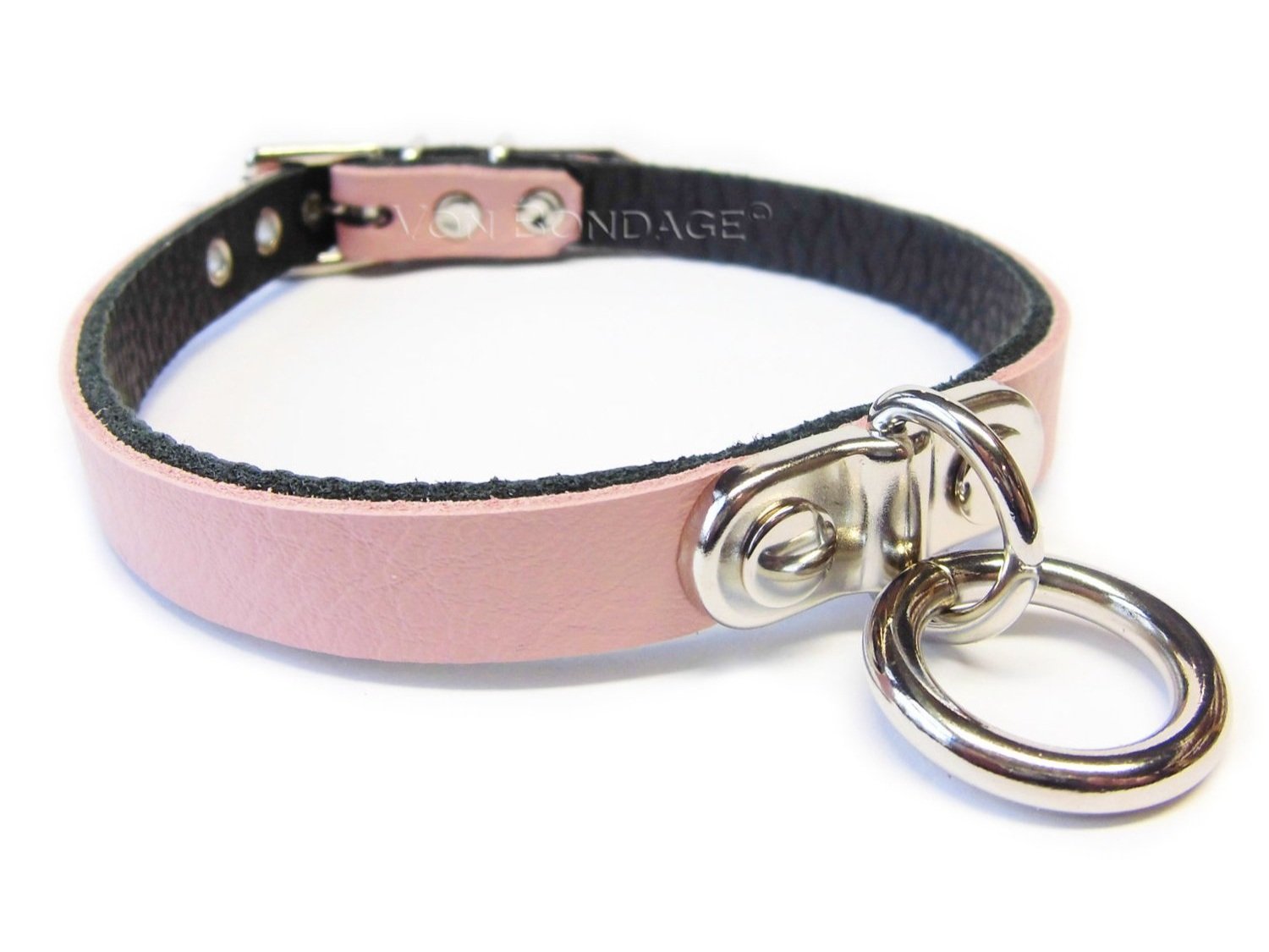 Pink Leather Lockable slave Collar with Plated Ring