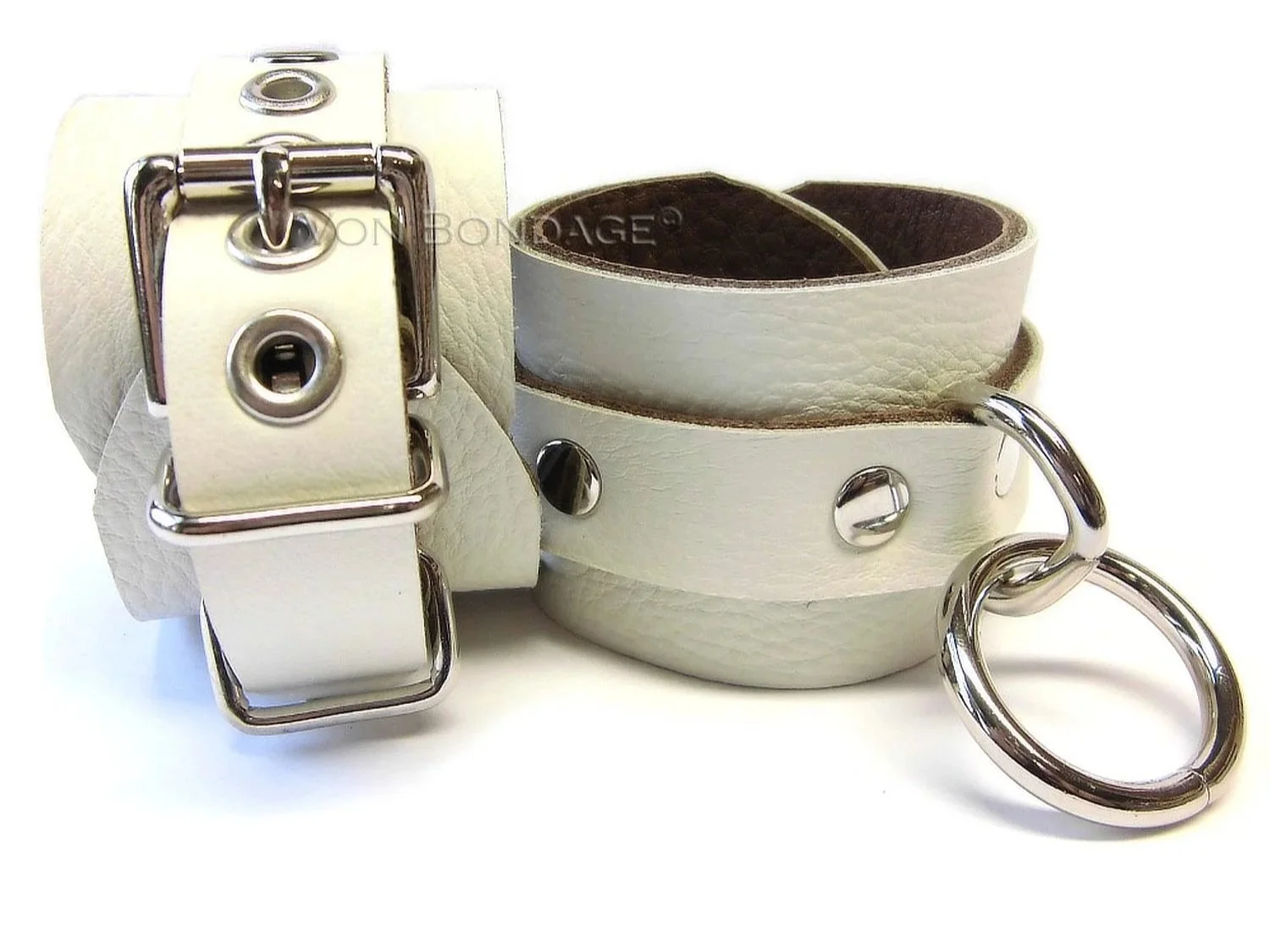 Pair of White Leather Restraints with Bondage Rings