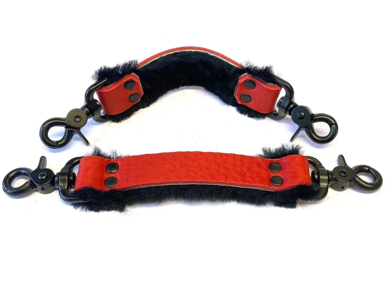 Pair of Red Bullhide Black Sheepskin Fur BDSM Straps with Scissor Clips.jpg