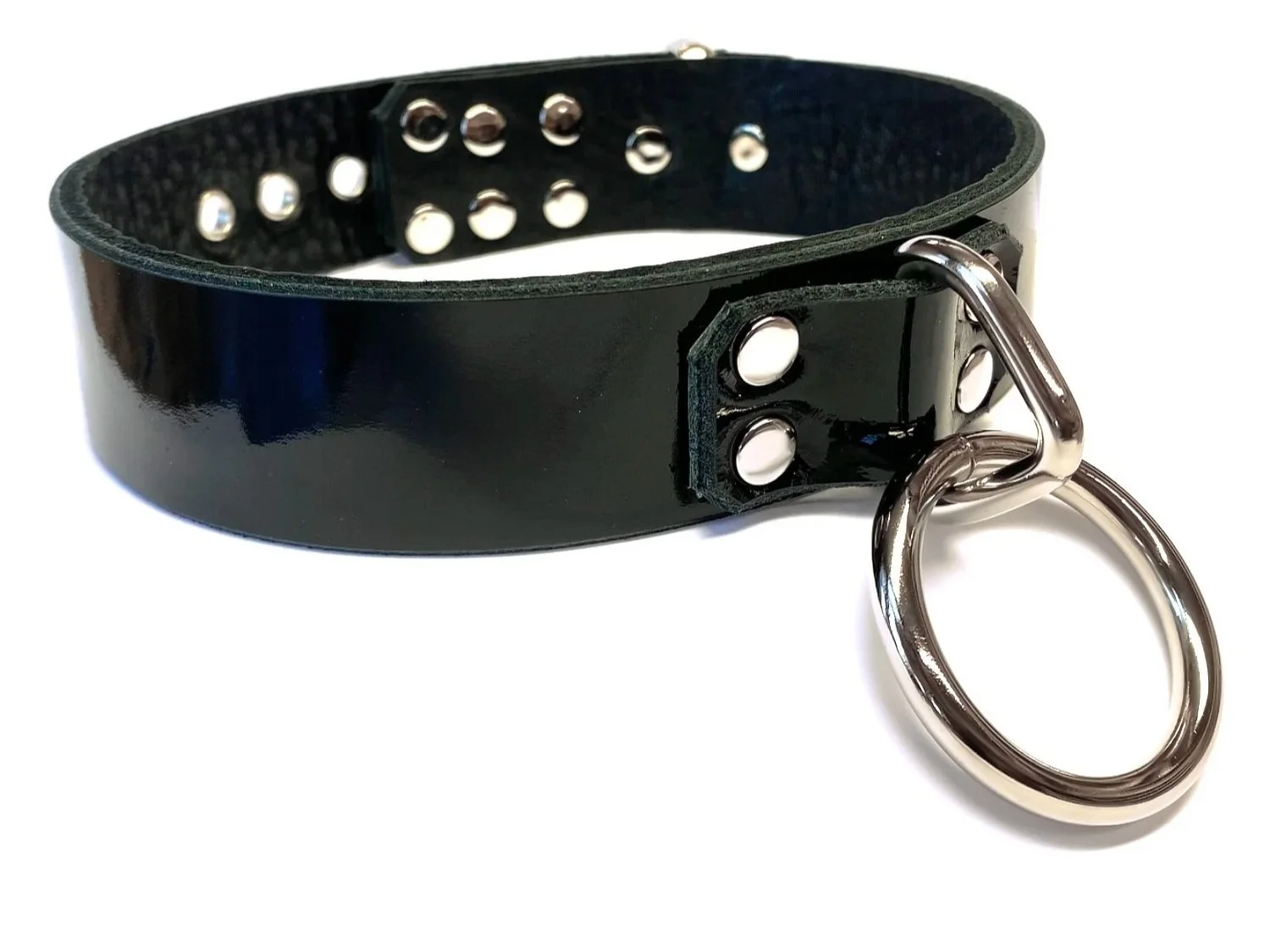 Shiny Black Patent Leather BDSM Collar with Large Bondage Ring
