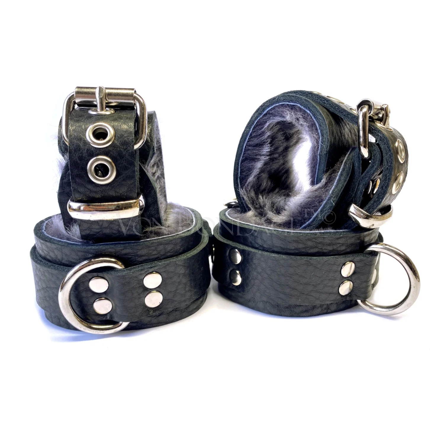 Wrist &amp; Ankle Leather Restraints lined in Gray Fur in Black Bullhide
