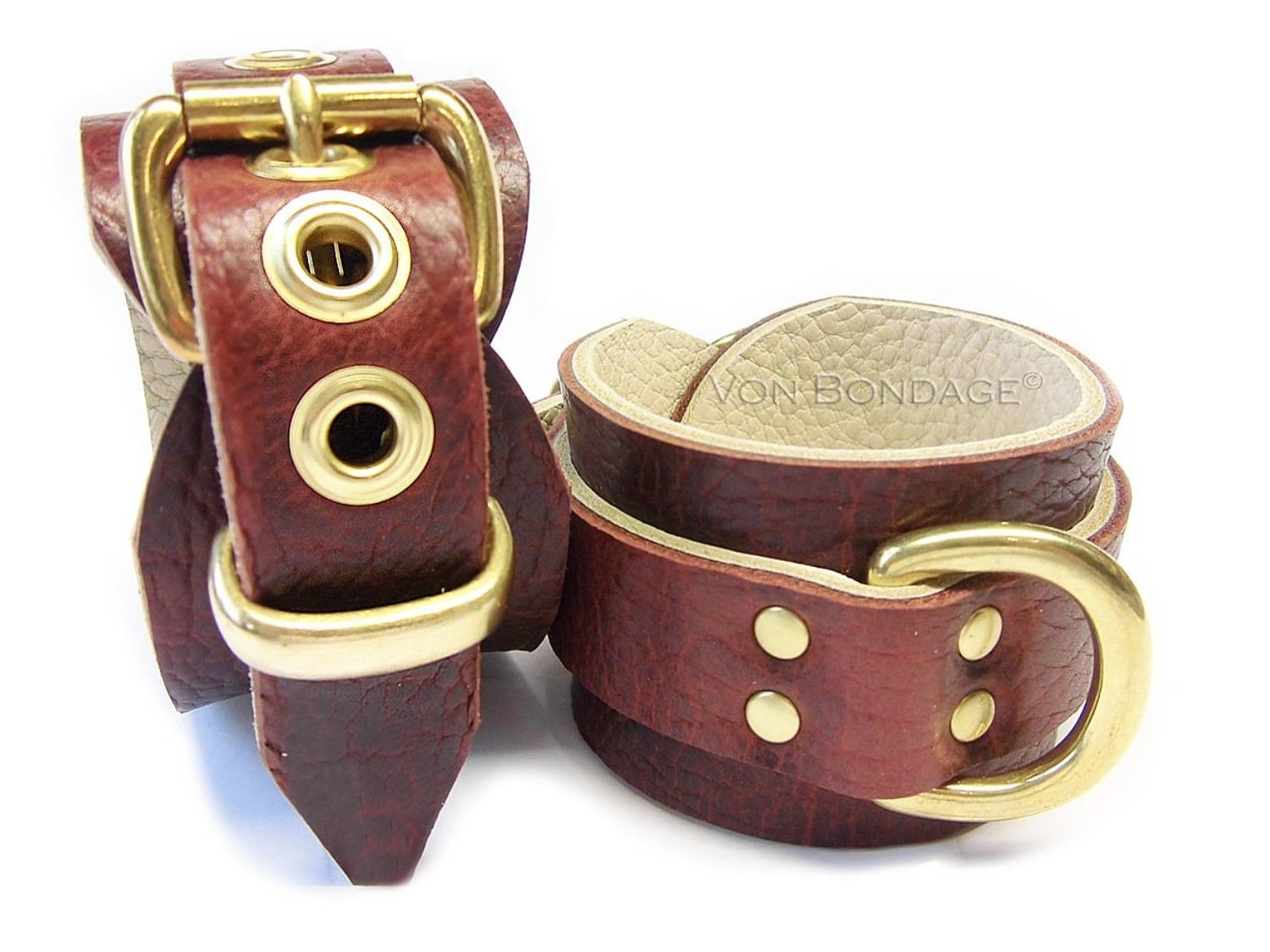 Brown Bison Leather BDSM Restraints with 1" Brass Dee Rings