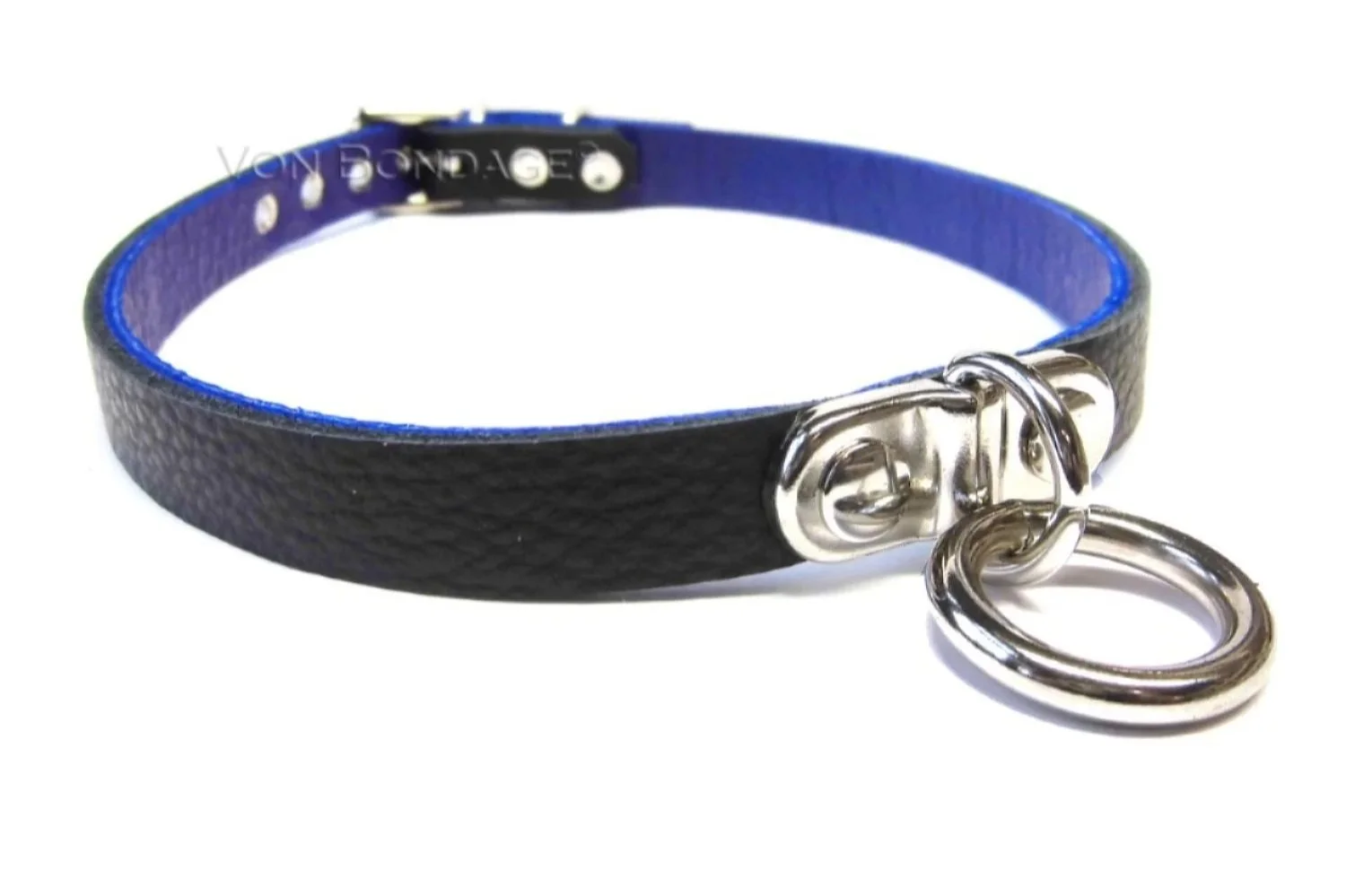Discreet BDSM Day Collar with Plated Ring in black and blue leather