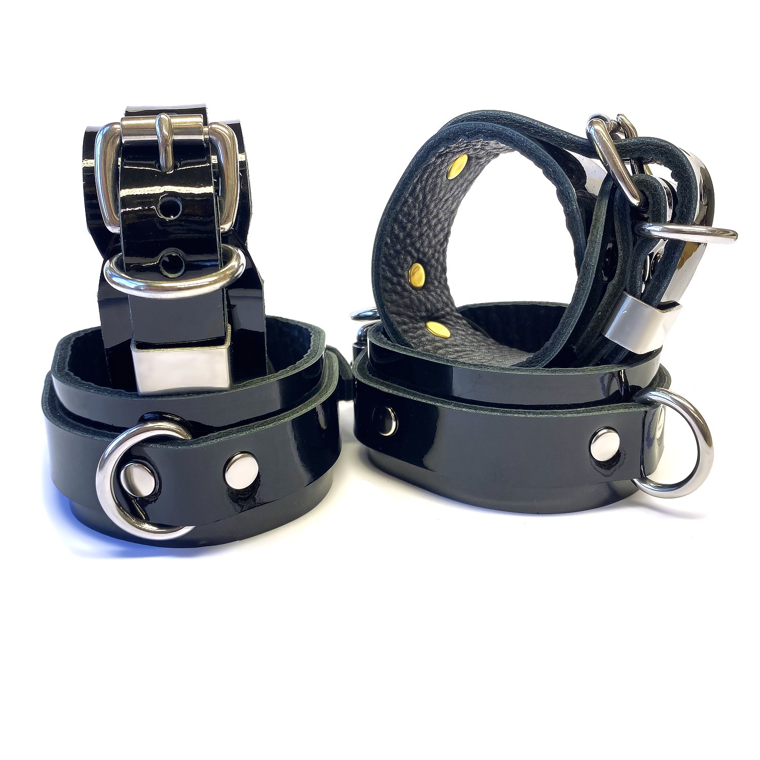 Black Patent Leather Wrist & Ankle Restraints Set in Stainless Steel