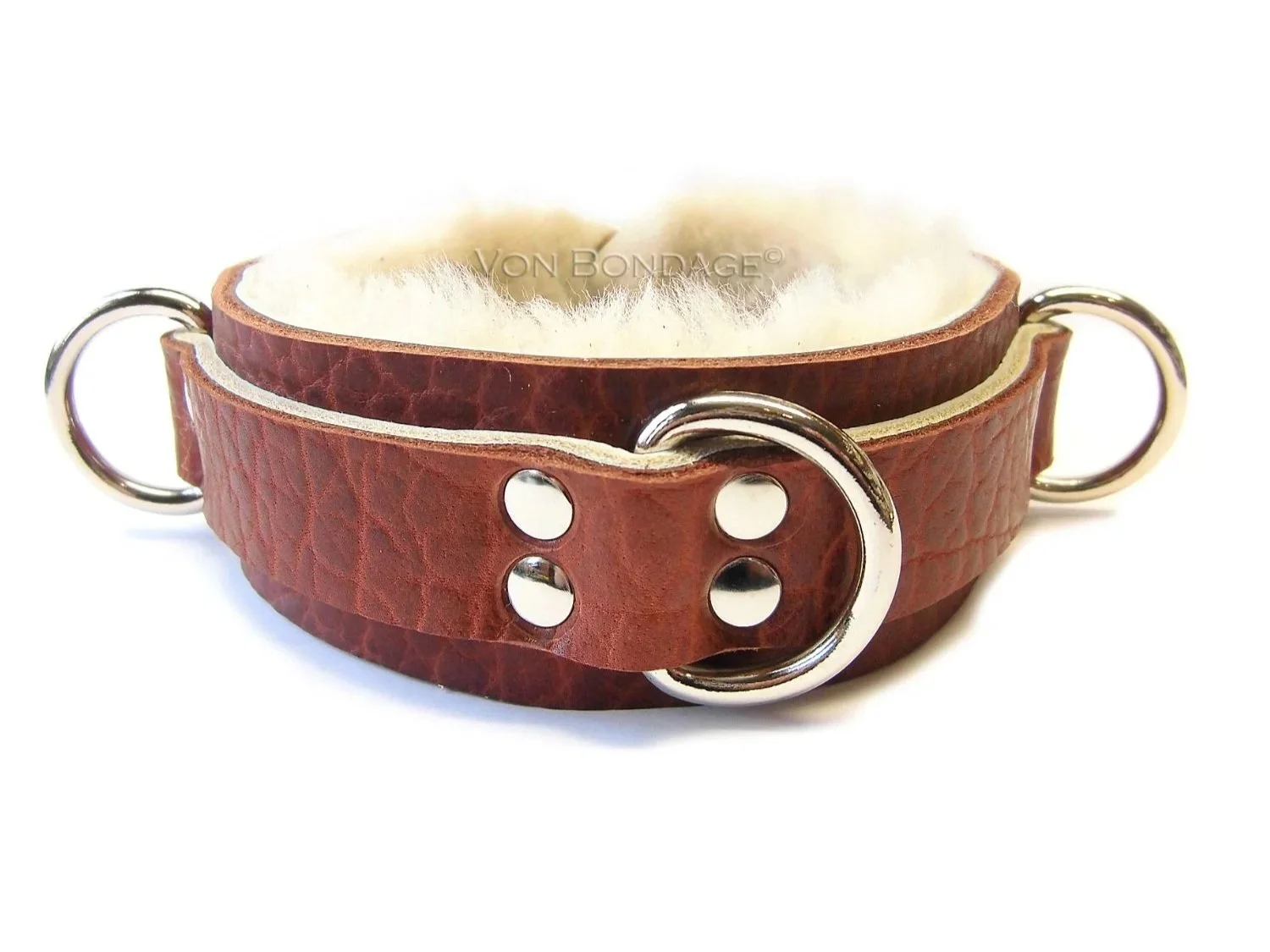 brown bison leather slave collar lined in cream sheepskin fur