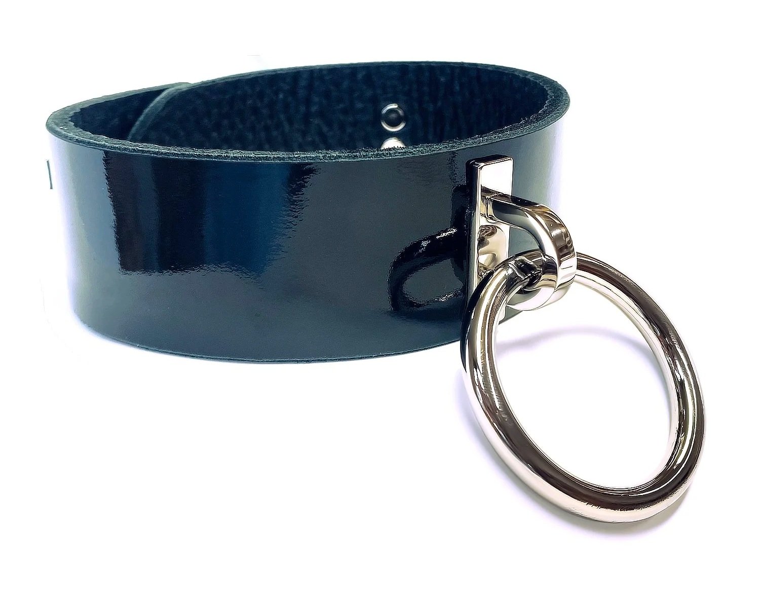 Black Patent Leather BDSM Collar with Large O Ring through plated loop