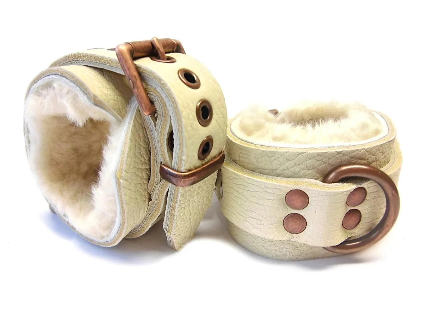 Cream BDSM Restraints in Soft Sheepskin with Copper D-rings