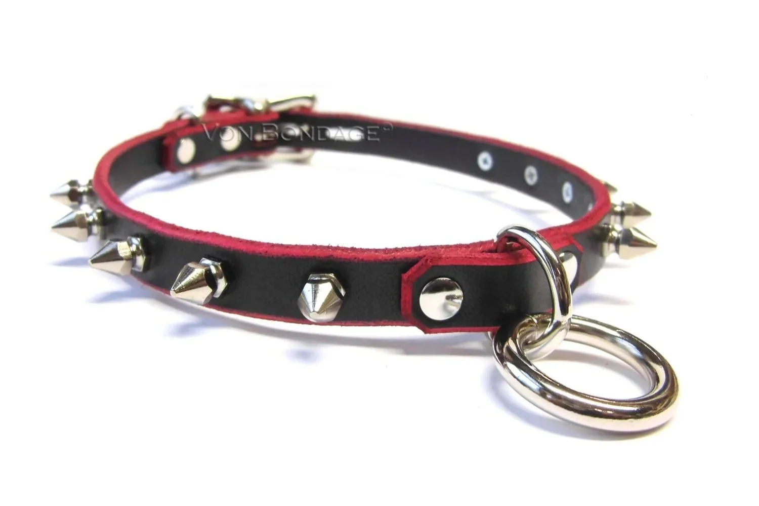 Black Leather BDSM Kink Collar with Red Edges with D&O Ring & Spikes