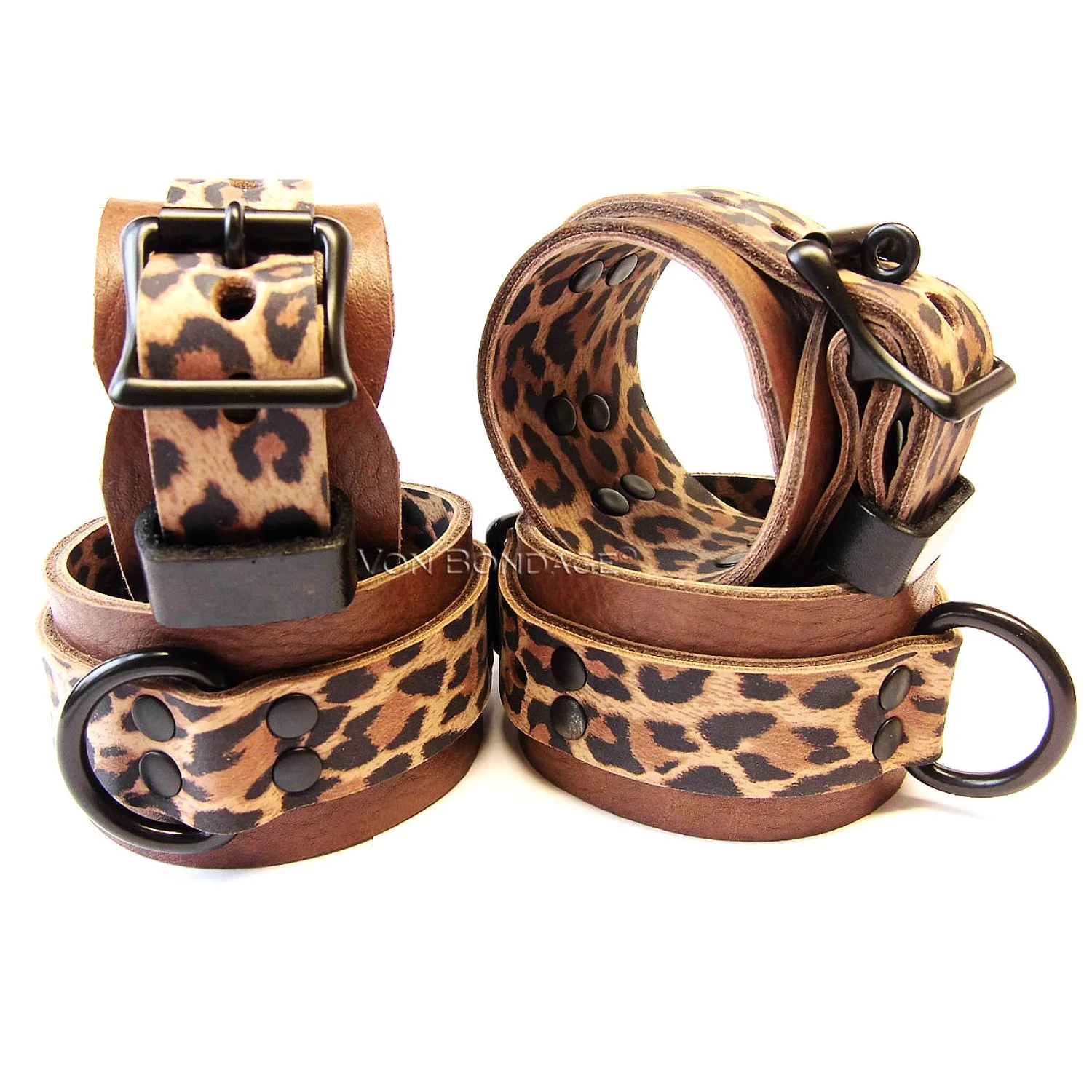 Leopard &amp; Brown Leather Wrist &amp; Ankle Restraints with Black Dee Rings