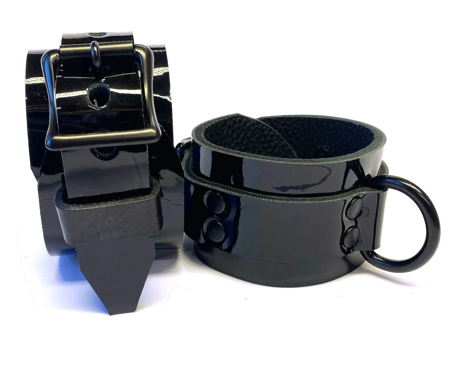 Black Patent Leather BDSM Cuffs with Black D-rings