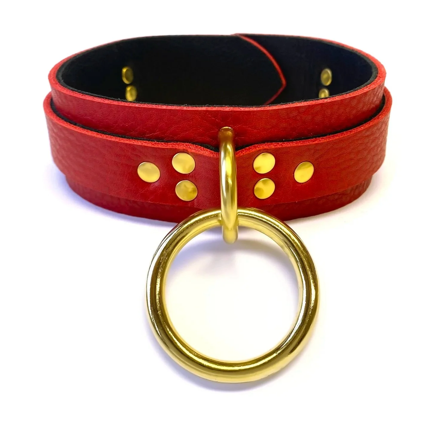 Red Leather BDSM Collar with Solid Brass O-ring