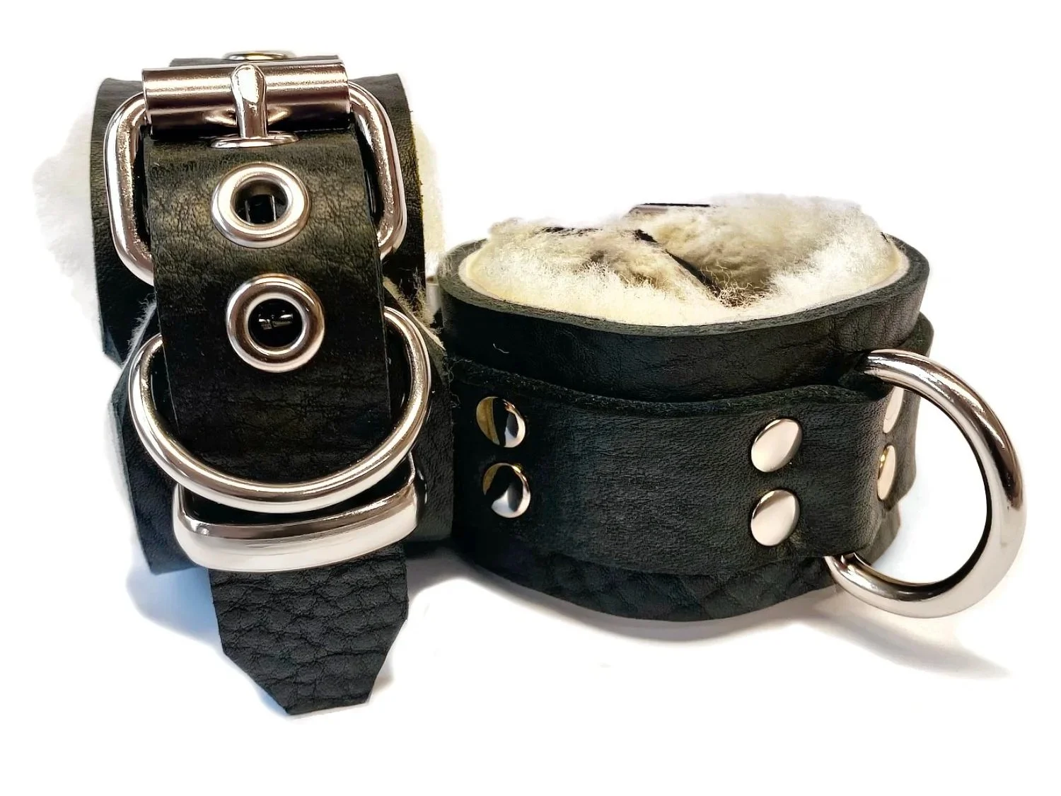 Pair of Leather Restraints lined in soft White Sheepskin Fur