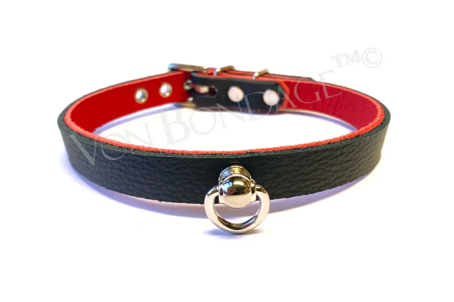 Black & Red Leather Day Collar with Ball Stud Ring for Tags
