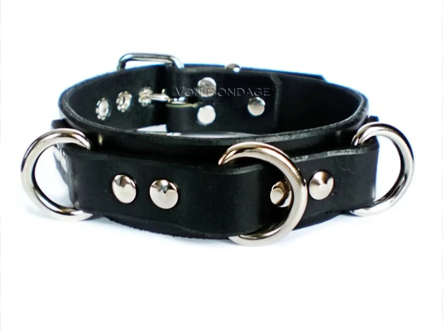 Black leather bdsm collar with 3 d-rings across the front