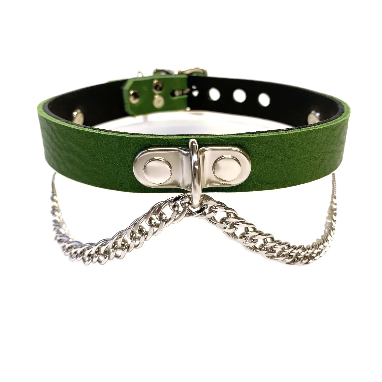 Green Leather submissive Collar with Chain and Tiny D-ring