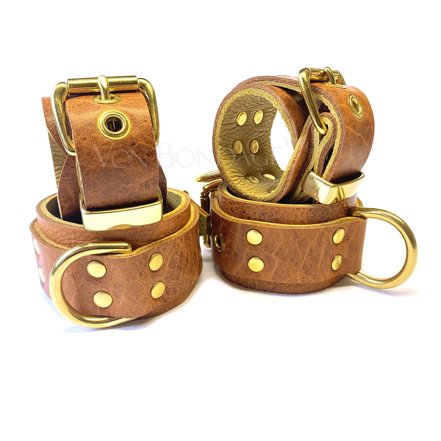 Brown Bison Leather BDSM Restraints Set in Solid Brass