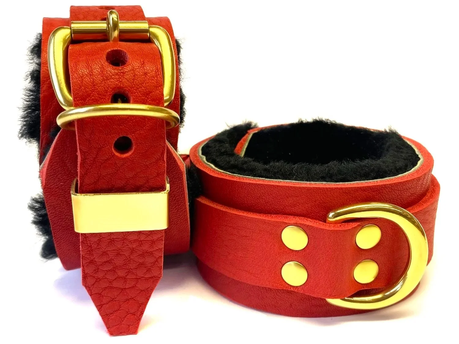 Restraints in Red Leather lined in black sheepskin fur