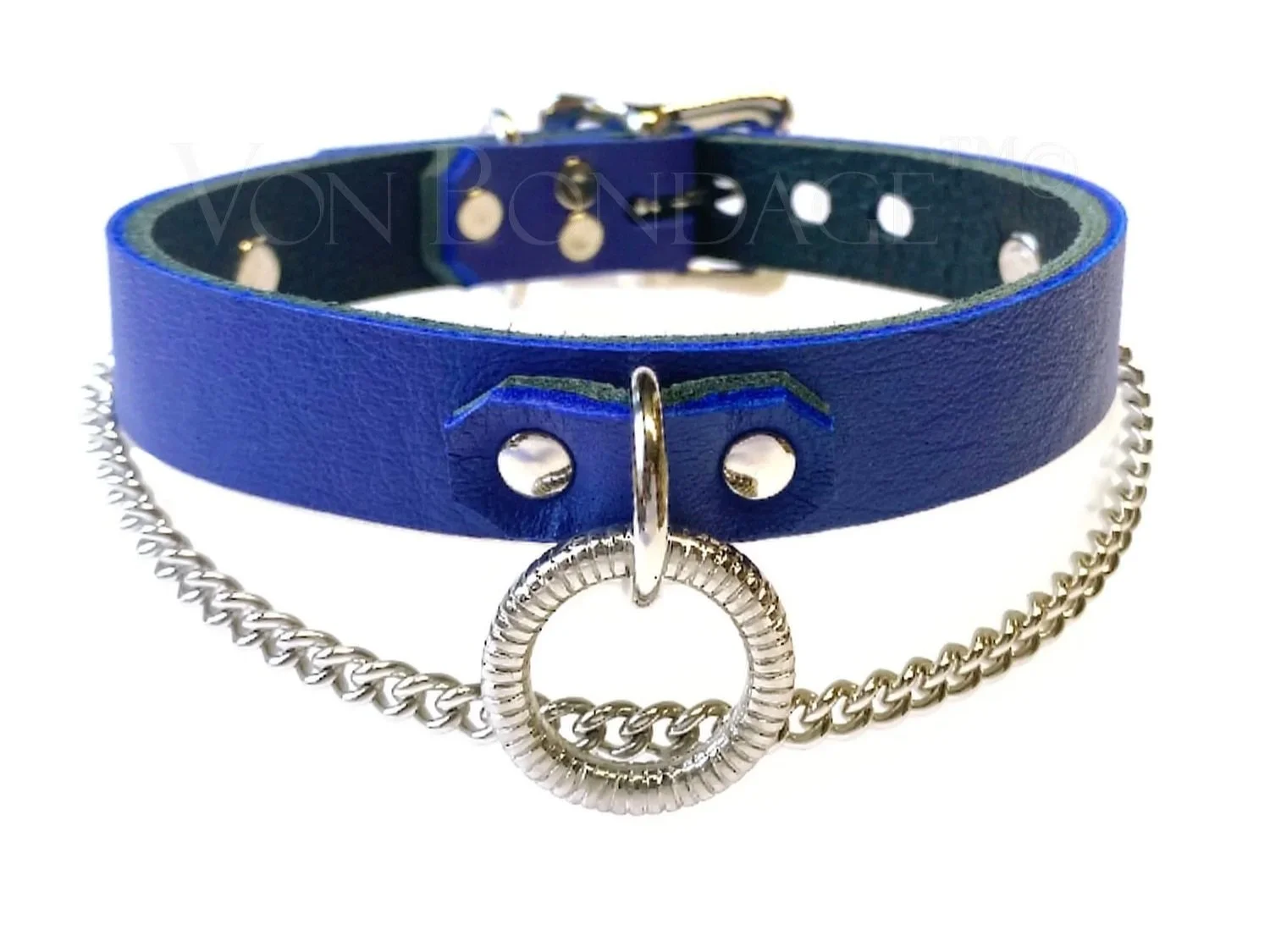 Blue Leather Collar with Chain and Fancy Ribbed O-ring