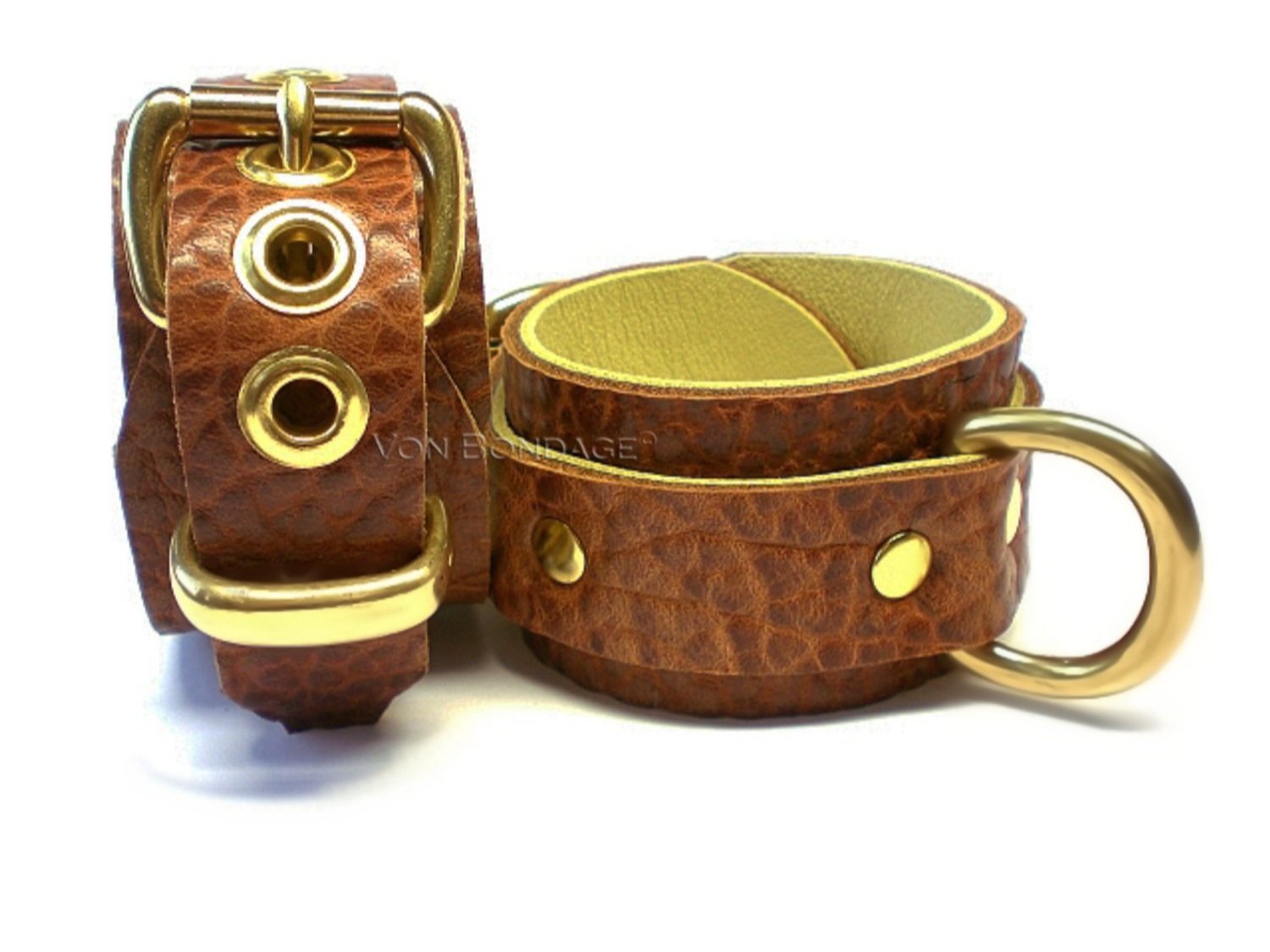 Pair of Brown Leather Bondage Cuffs with 1" Brass Dee Rings