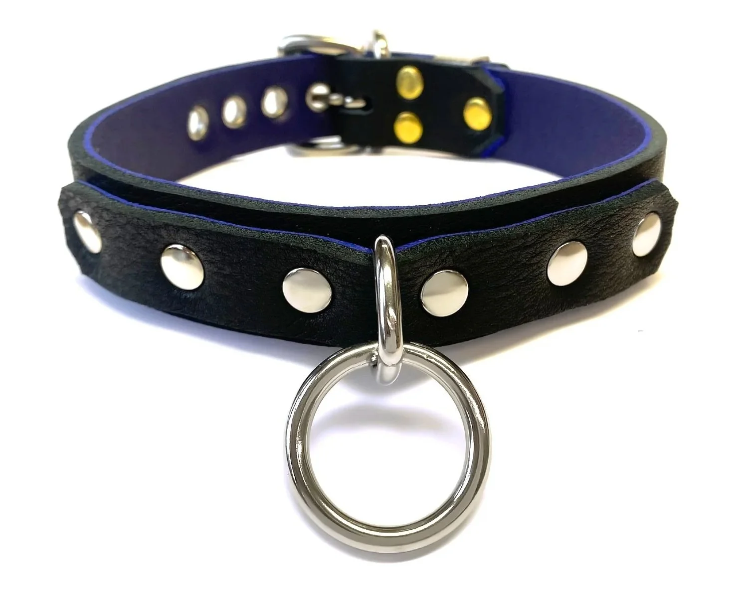 Bullhide Leather BDSM Collar lined in Purple Lambskin with Stainless Steel Ring on long strap