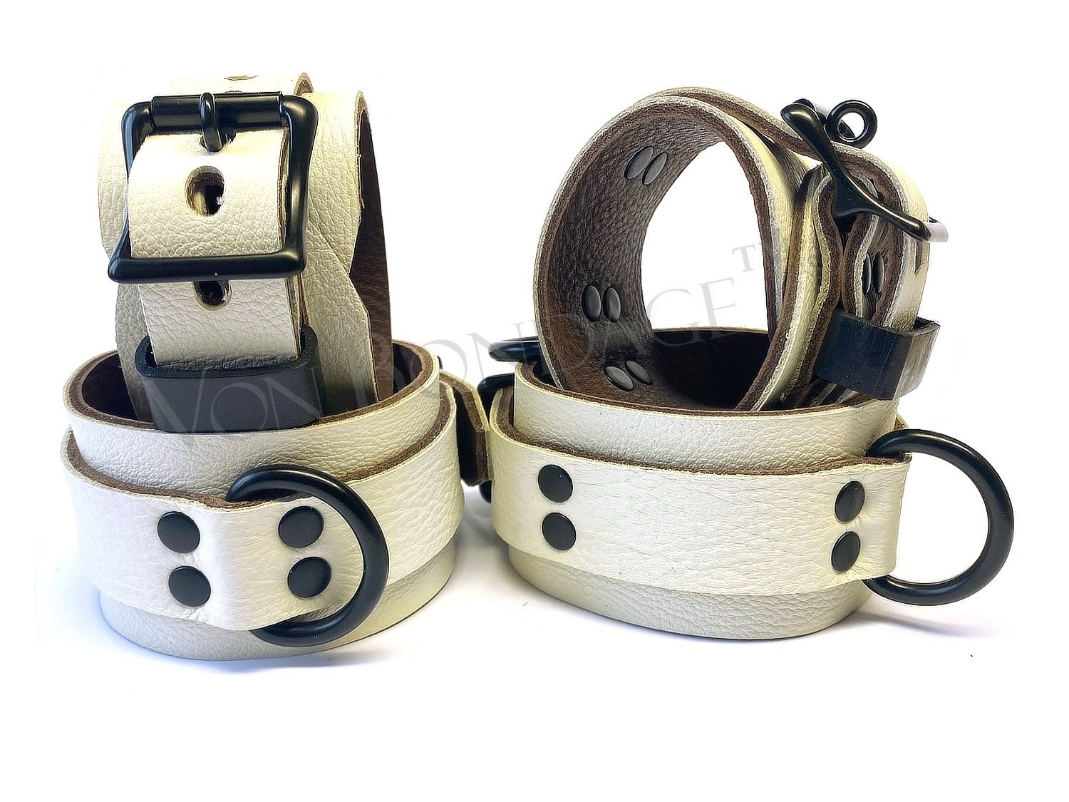 Wrist & Ankle Restraints Set | white Leather | Black Steel
