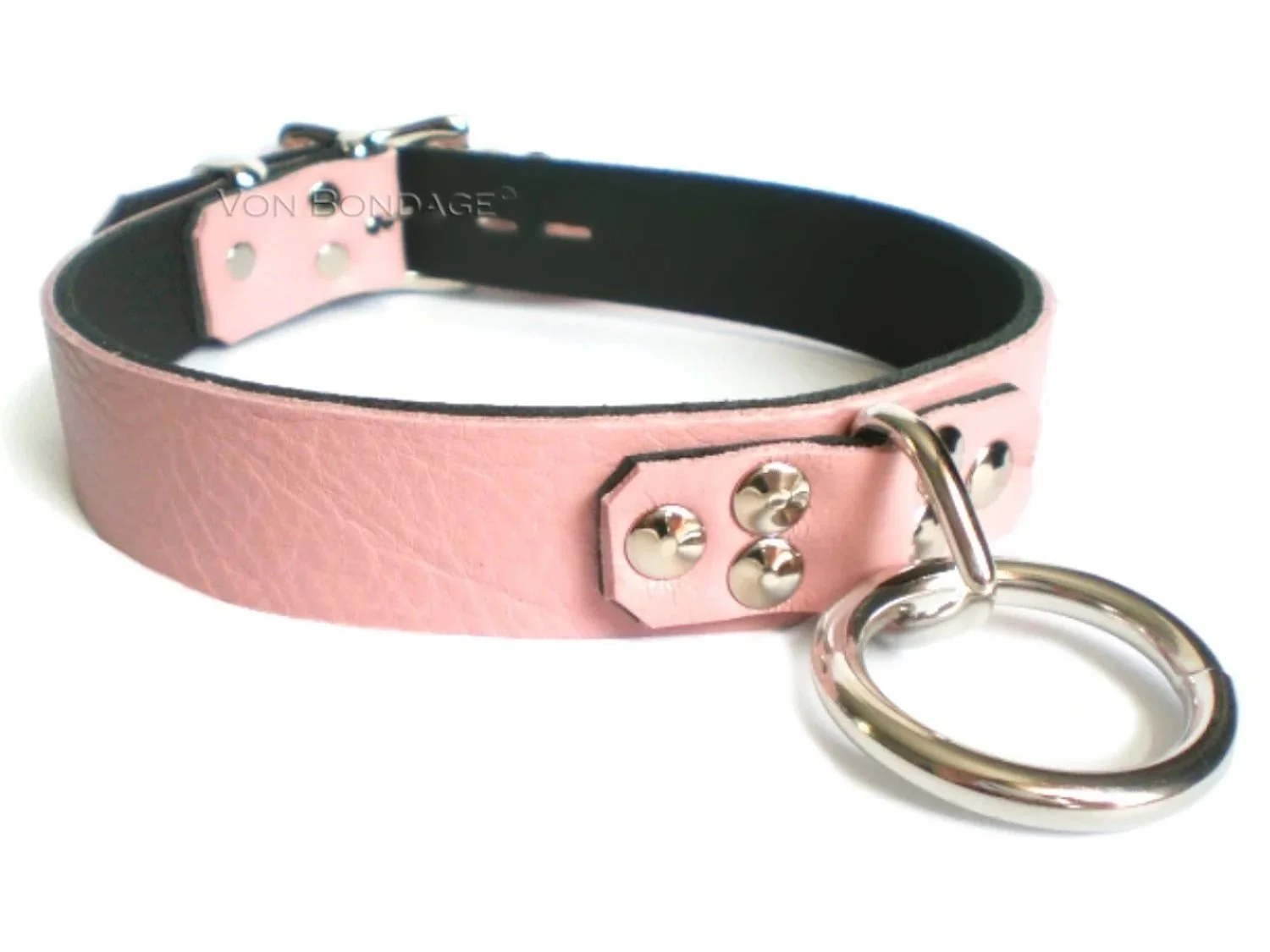 Pink Leather BDSM Collar with Strong Bondage Ring