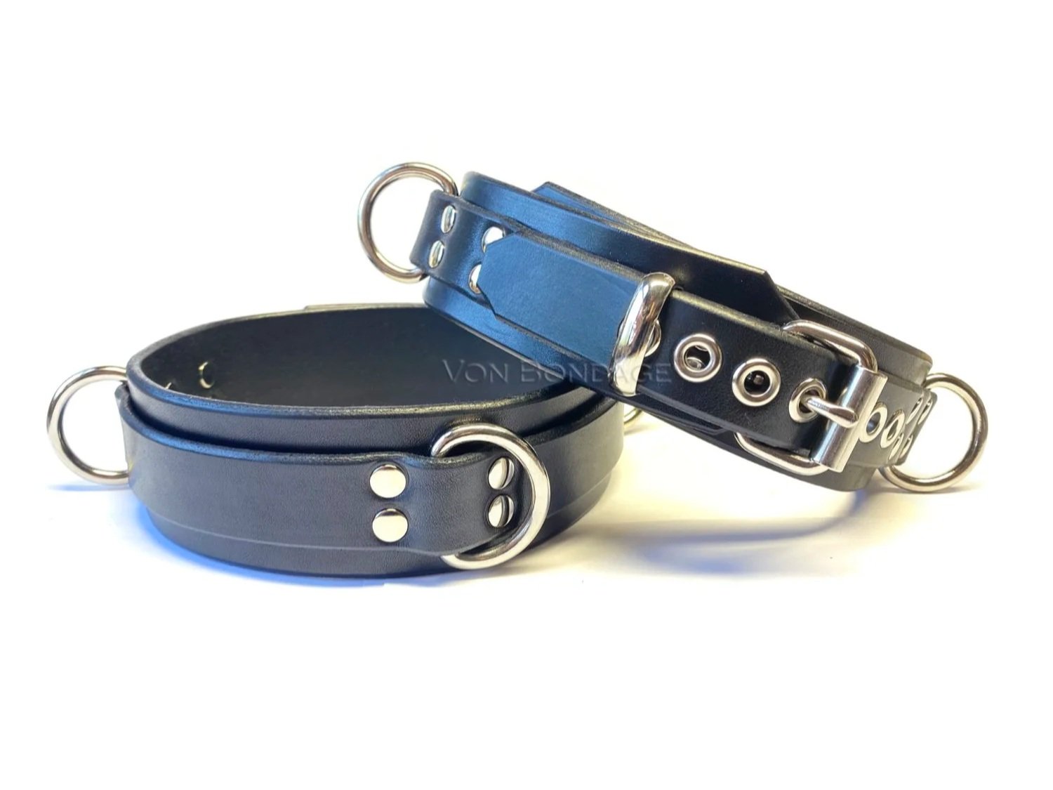 Black Leather Thigh Cuffs with 3 D-rings per cuff